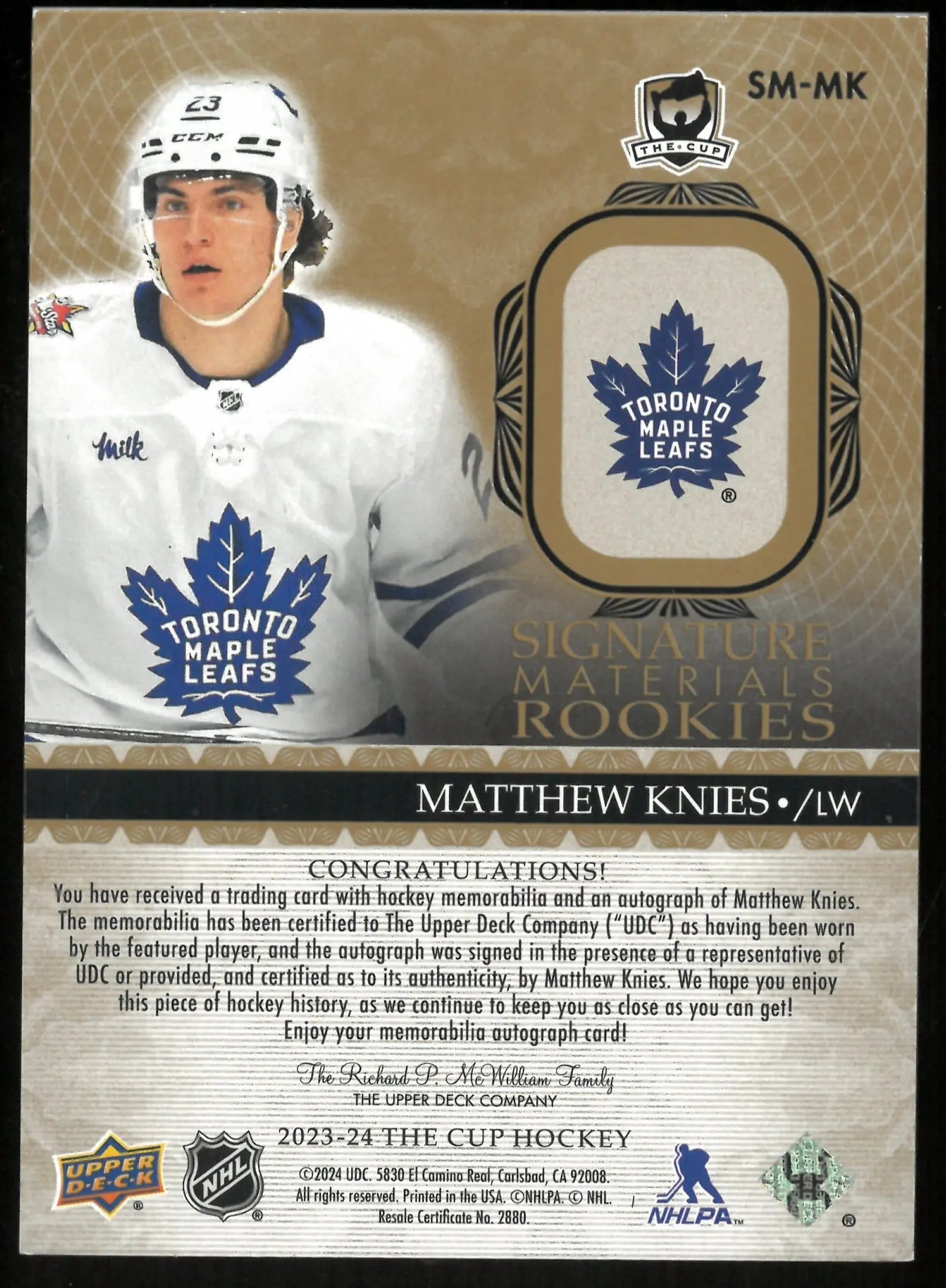 2023-24 Upper Deck The Cup Matthew Knies RC Rookie Materials Patch Auto /99 