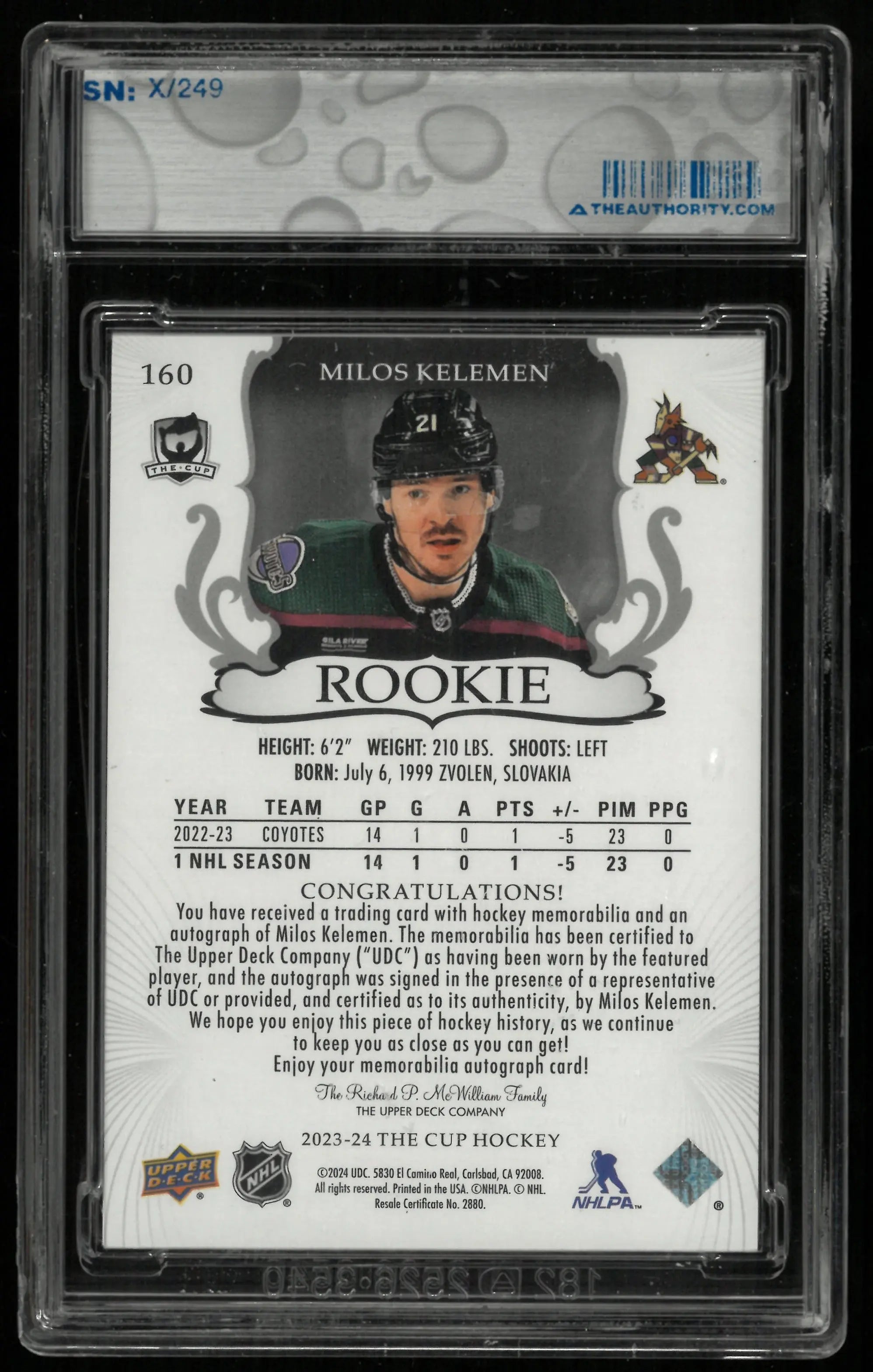 2023-24 Upper Deck The Cup Milos Kelemen RC Rookie Patch Auto /249 