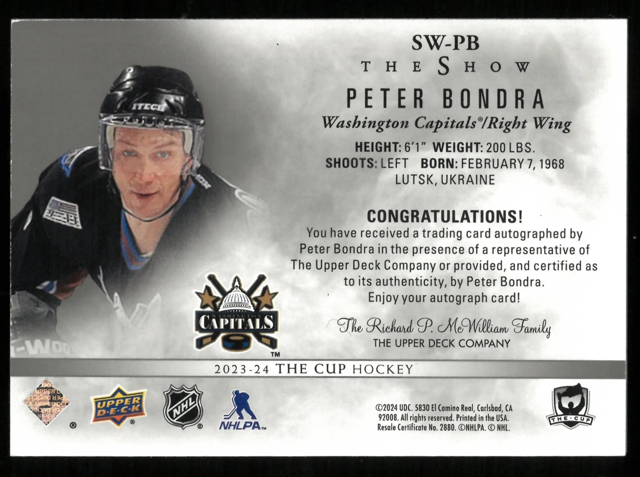2023-24 Upper Deck The Cup Peter Bondra The Show Auto SP 