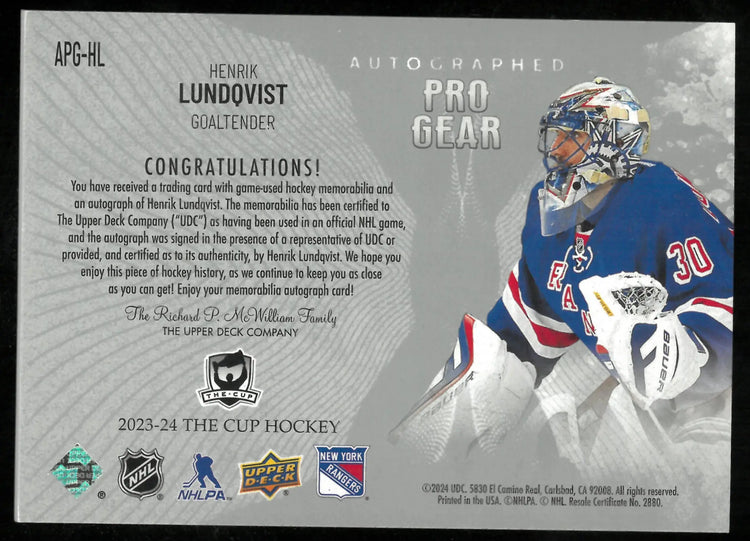 2023-24 Upper Deck The Cup Pro Gear Dual Patch Auto Henrik Lundqvust /12 