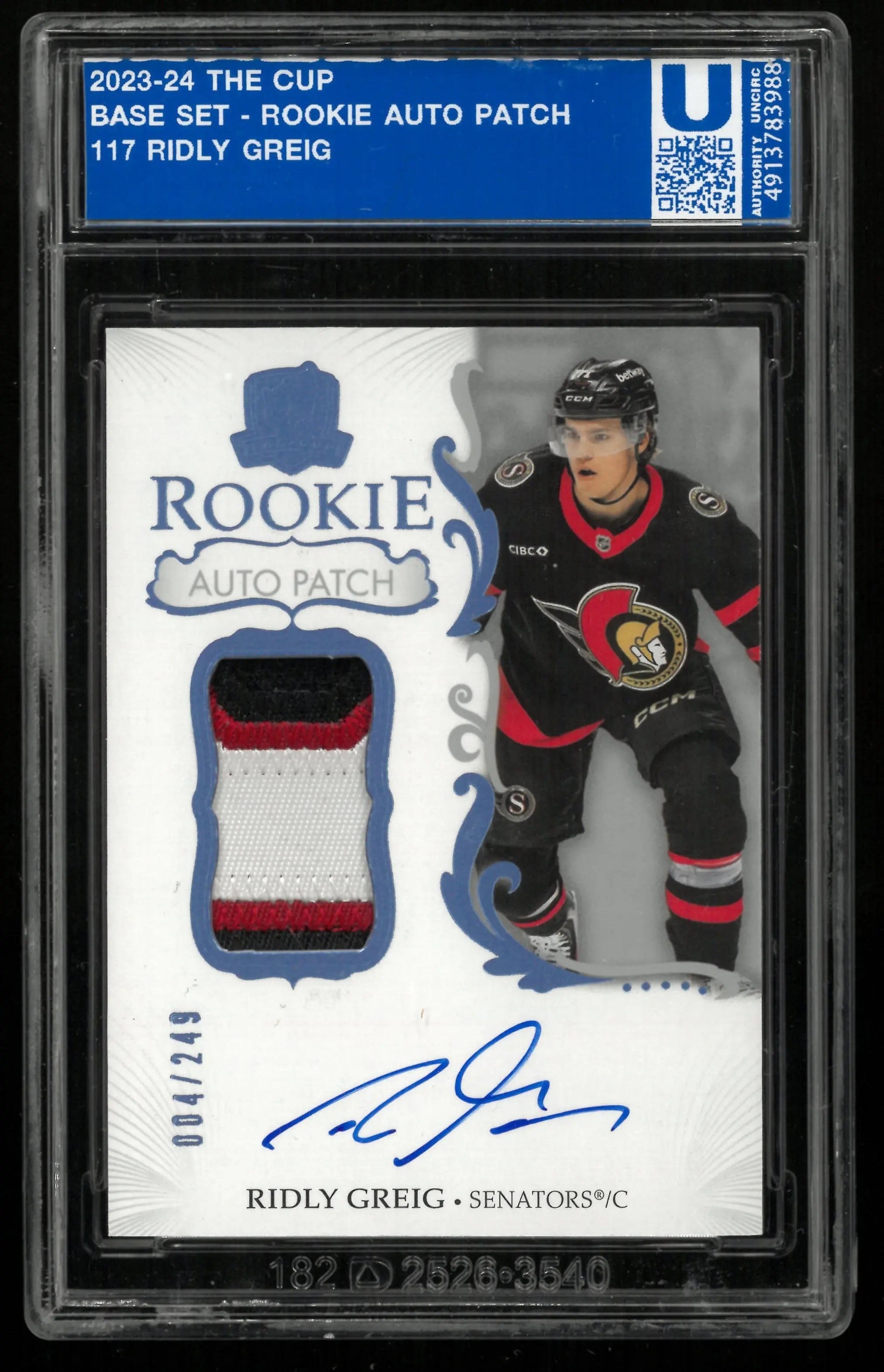 2023-24 Upper Deck The Cup Ridly Greig RC Rookie Patch Auto /249 