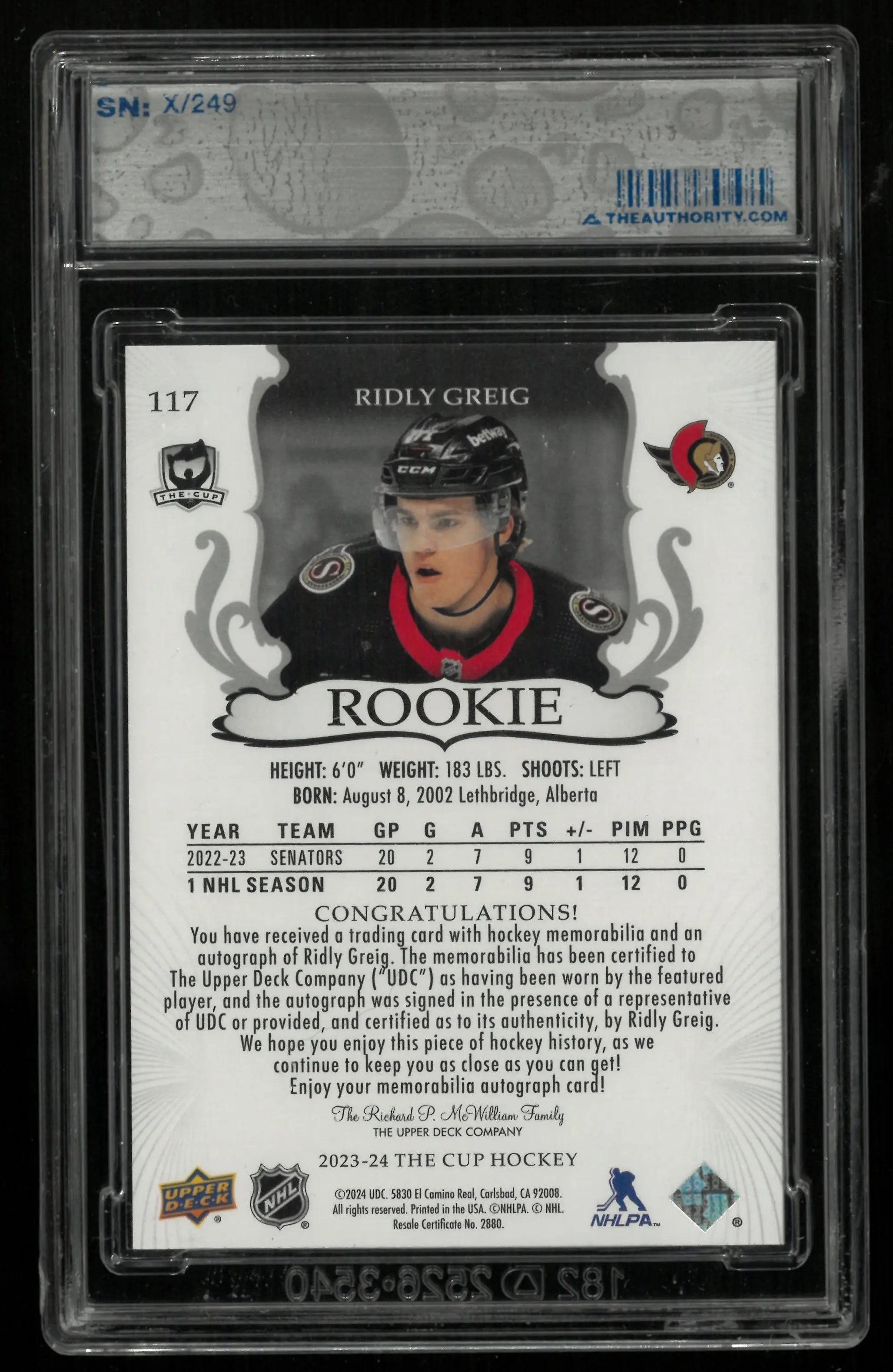 2023-24 Upper Deck The Cup Ridly Greig RC Rookie Patch Auto /249 