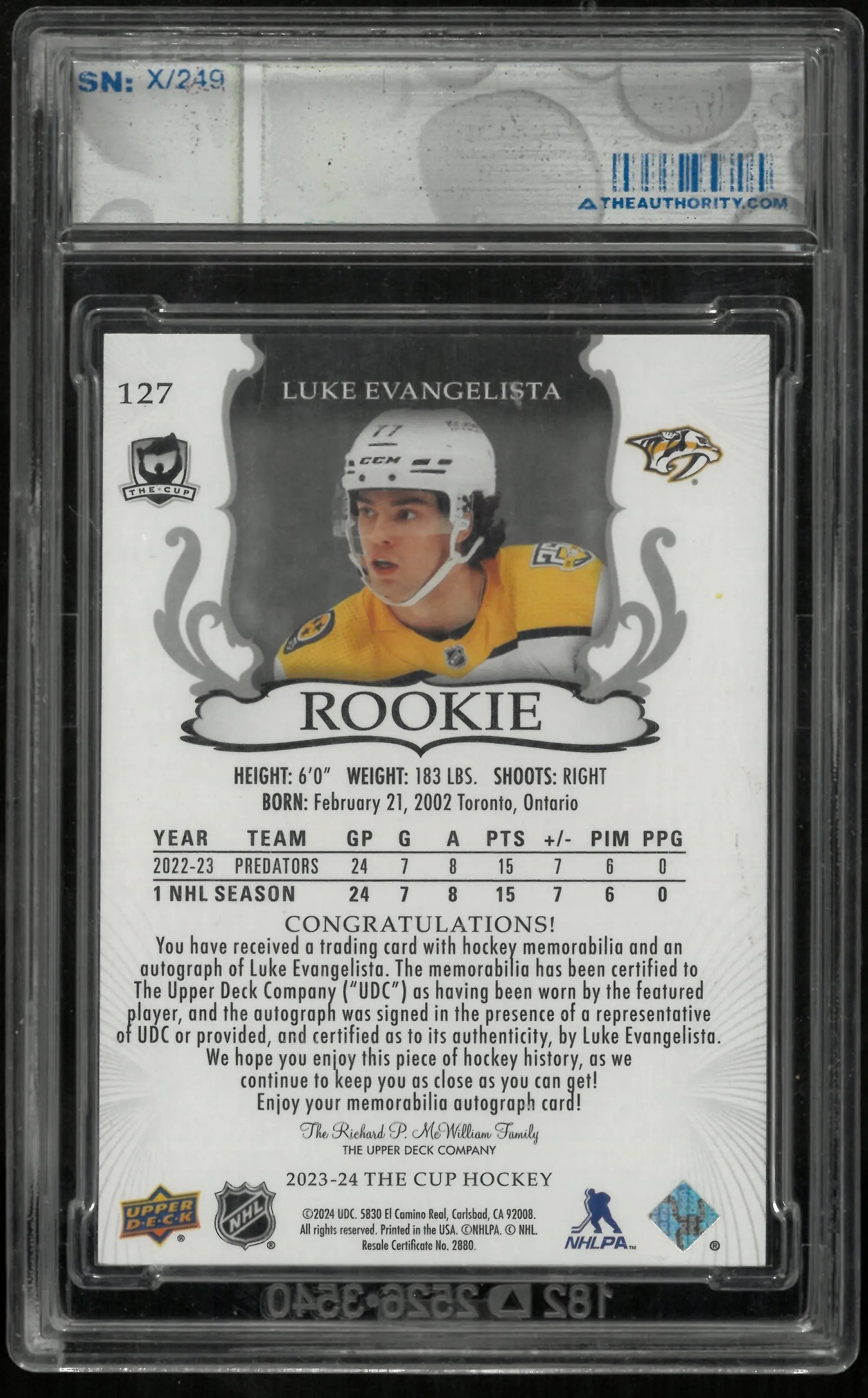 2023-24 Upper Deck The Cup Rookie Auto Patch Luke Evangelista /249 