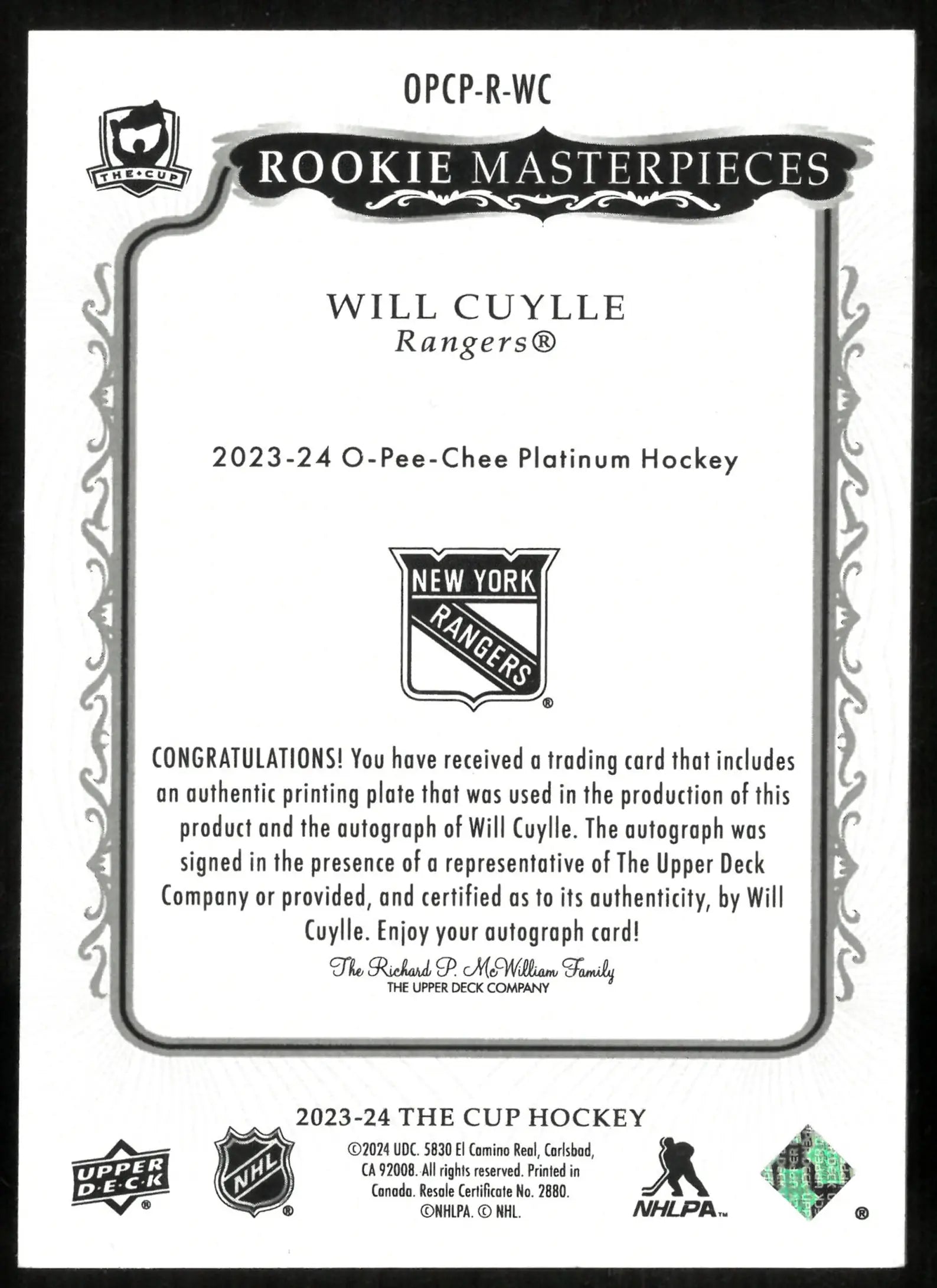 2023-24 Upper Deck The Cup Rookie Masterpieces Auto Black Printing Plate Will Cuylle 1/1 