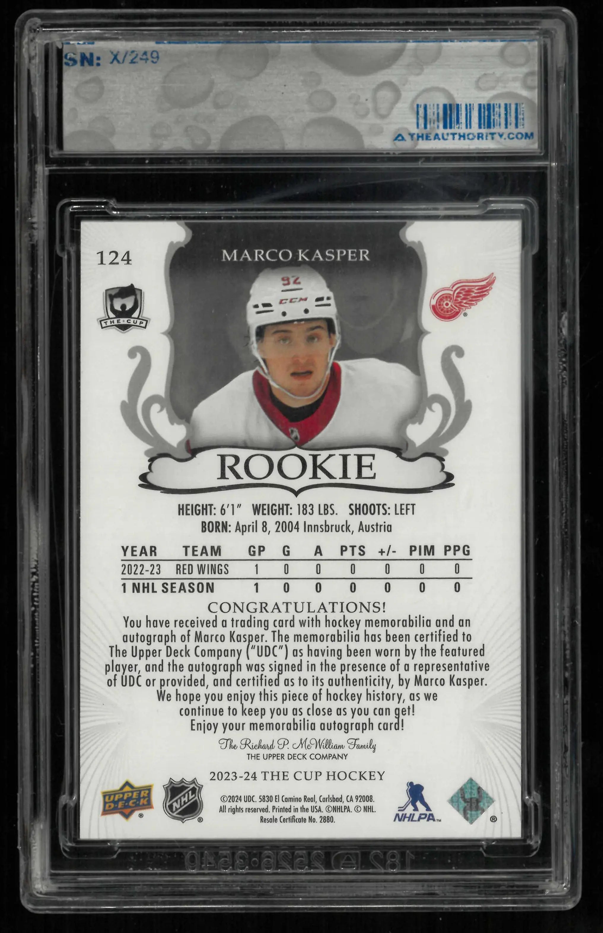2023-24 Upper Deck The Cup Rookie Patch Autograph Marco Kasper Auto /249 RC 