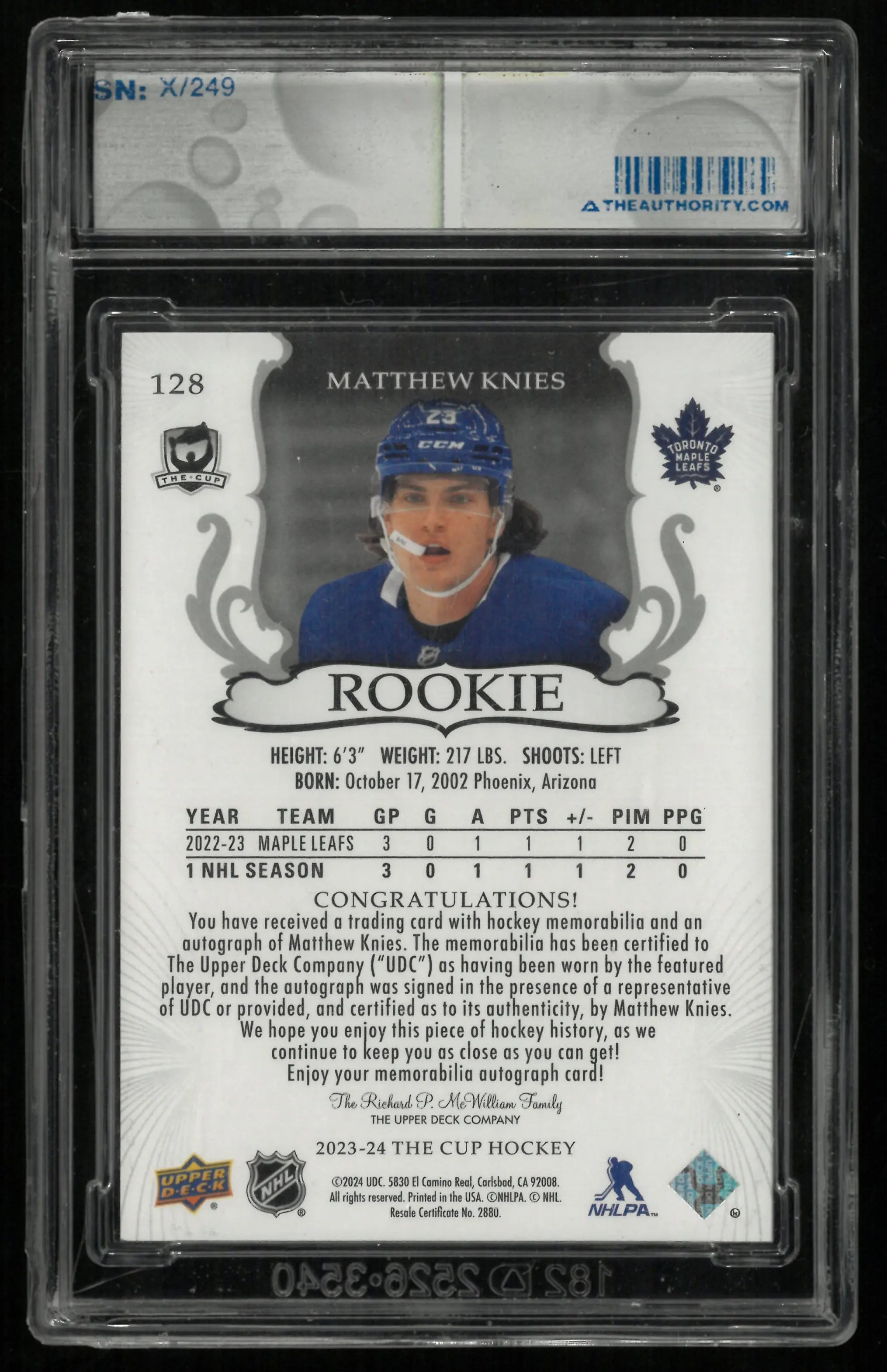 2023-24 Upper Deck The Cup Rookie Patch Autograph Matthew Knies Auto /249 RC 