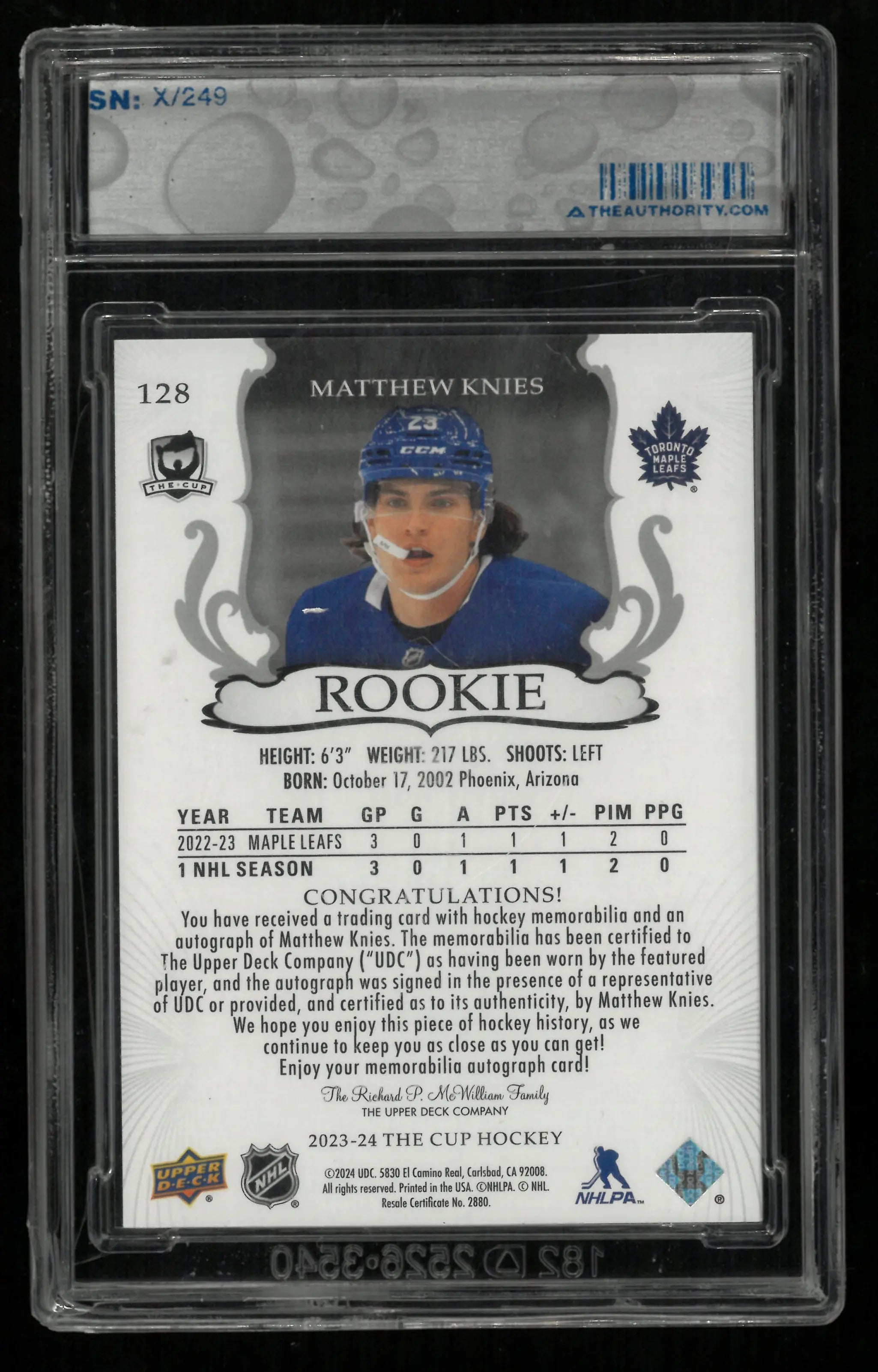 2023-24 Upper Deck The Cup Rookie Patch Autograph Matthew Knies RC Auto /249 
