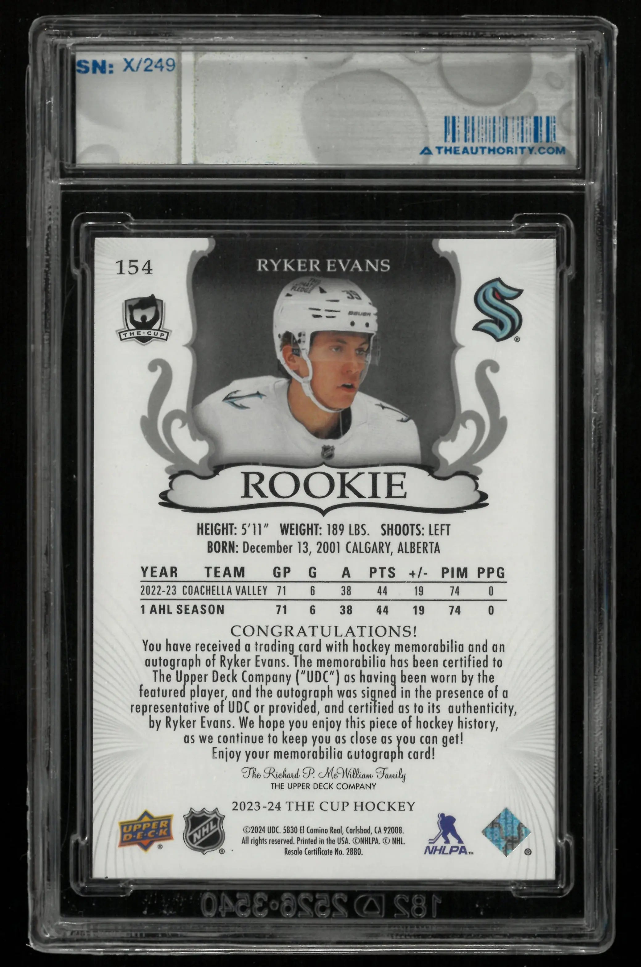 2023-24 Upper Deck The Cup Ryker Evans RC Rookie Patch Auto /249 