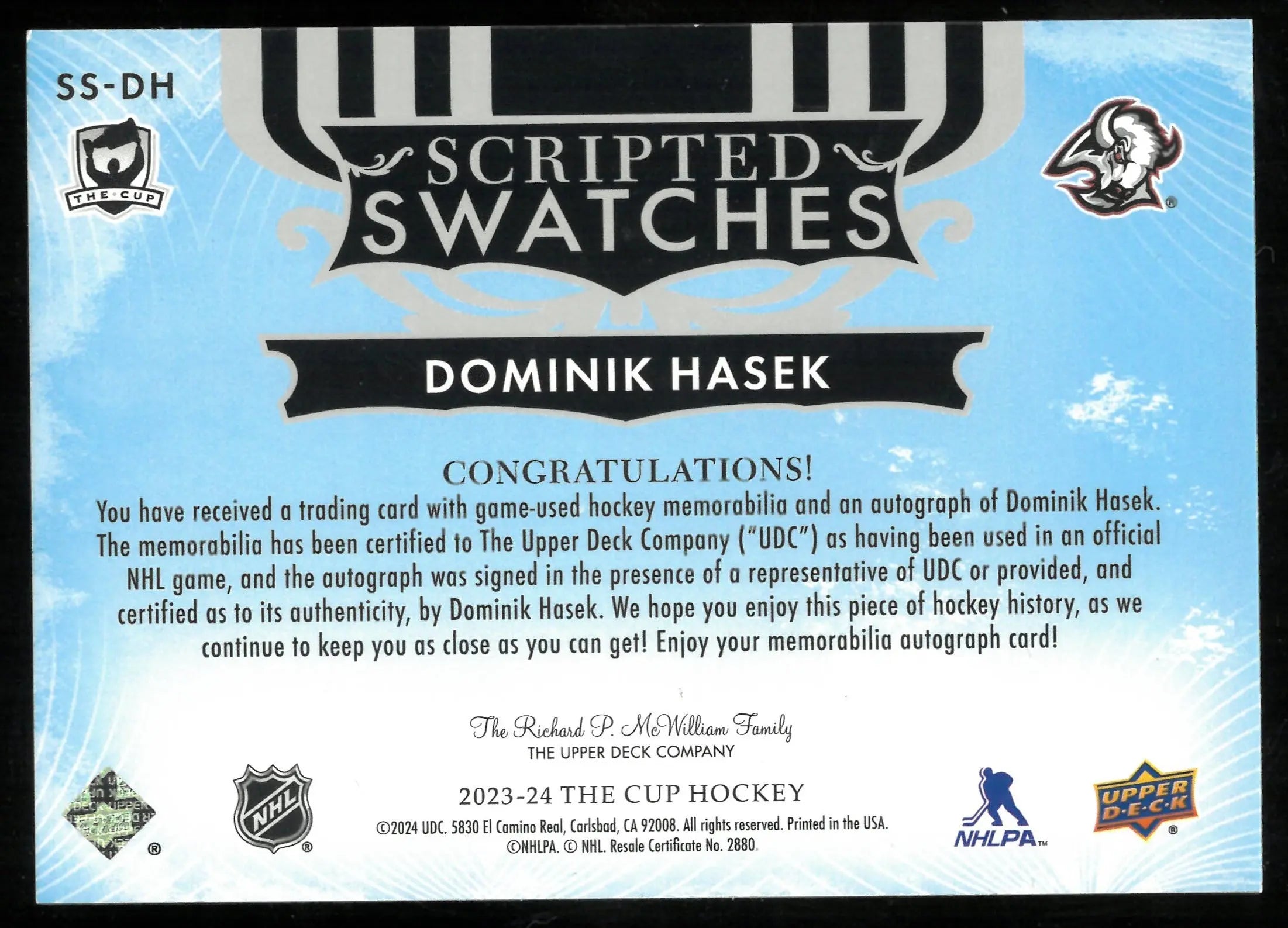 2023-24 Upper Deck The Cup Scripted Swatches Patch Auto Dominik Hasek /35 