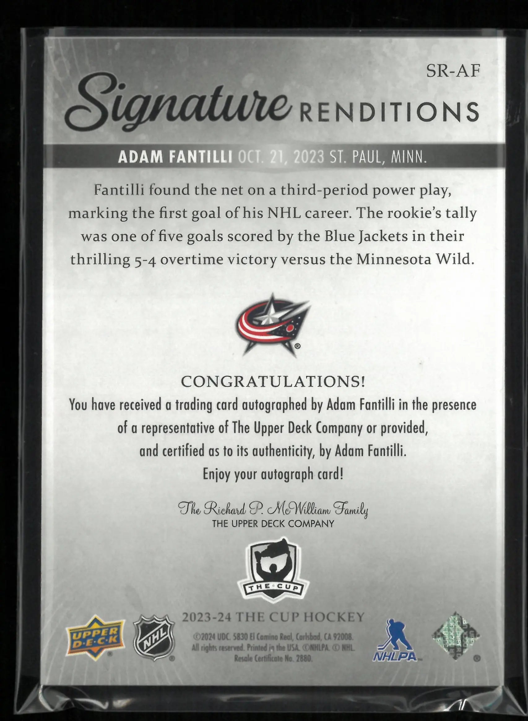 2023-24 Upper Deck The Cup Signature Renditions Adam Fantilli Autograph Auto 