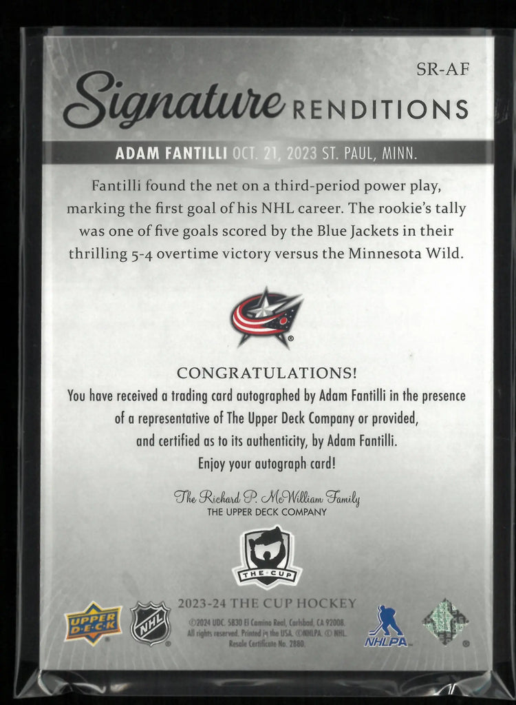2023-24 Upper Deck The Cup Signature Renditions Adam Fantilli Autograph Auto 