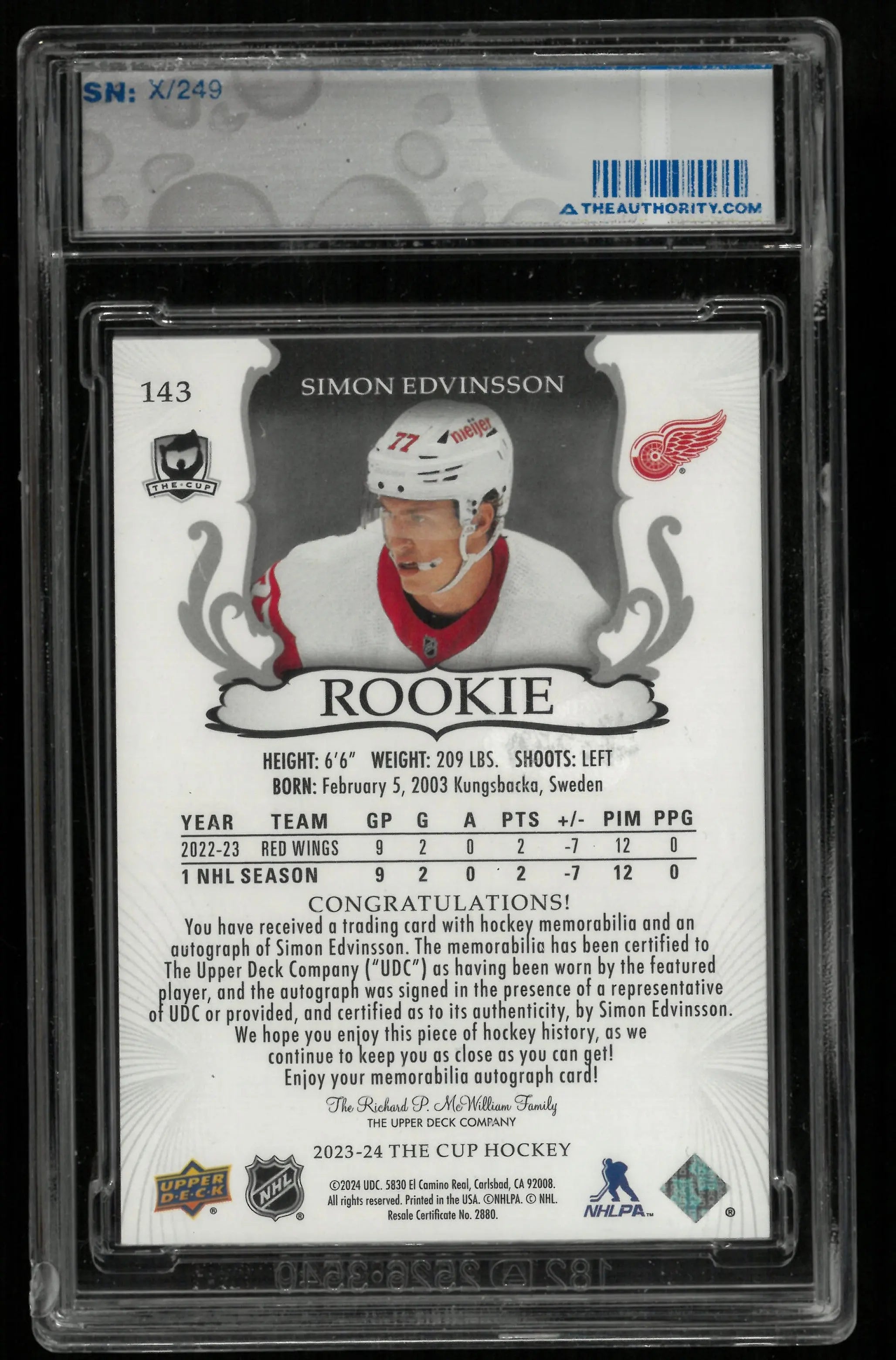 2023-24 Upper Deck The Cup Simon Edvinsson RC Rookie Patch Auto /249 