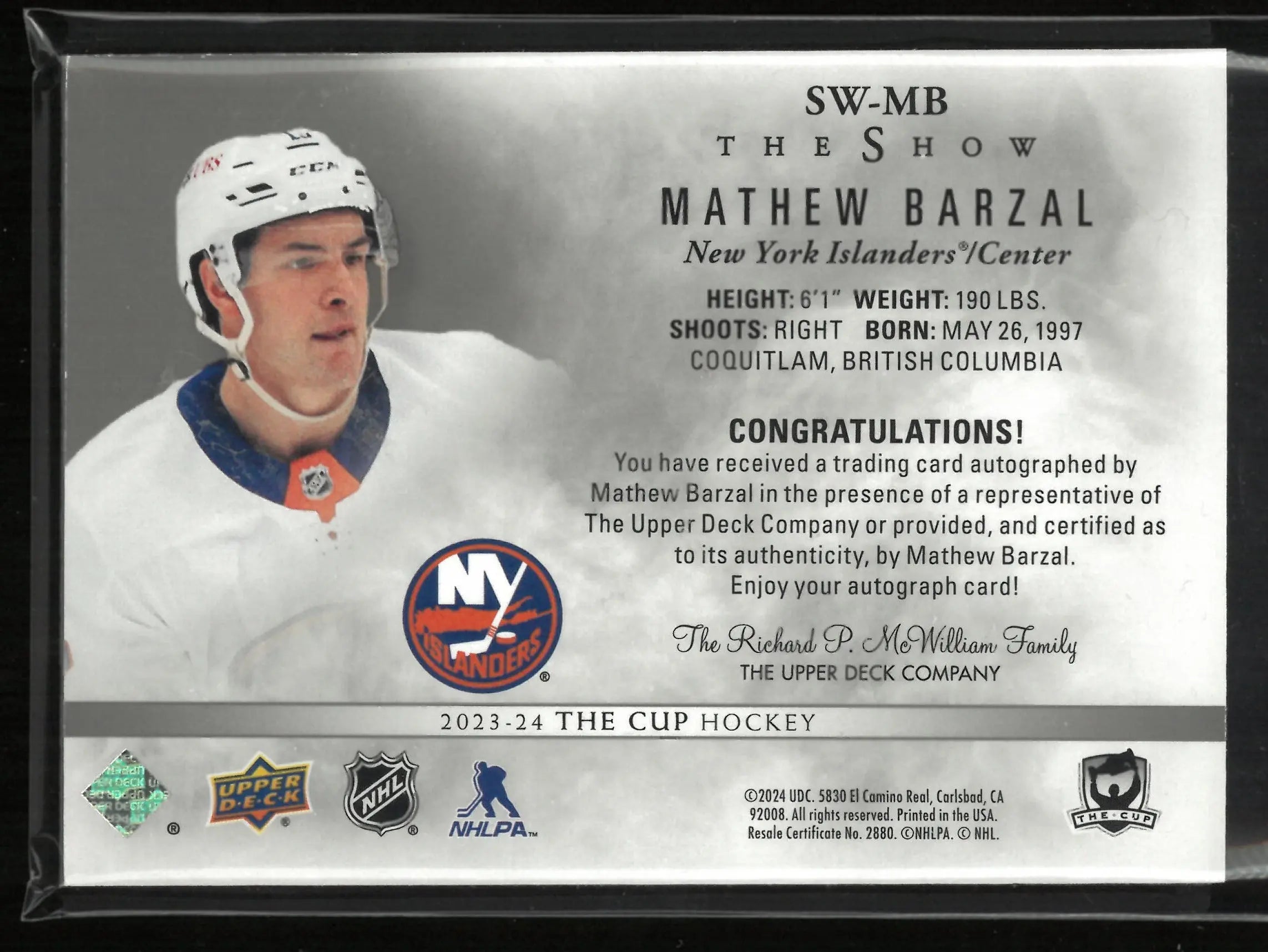 2023-24 Upper Deck The Cup The Show Autograph Mathew Barzal Auto 