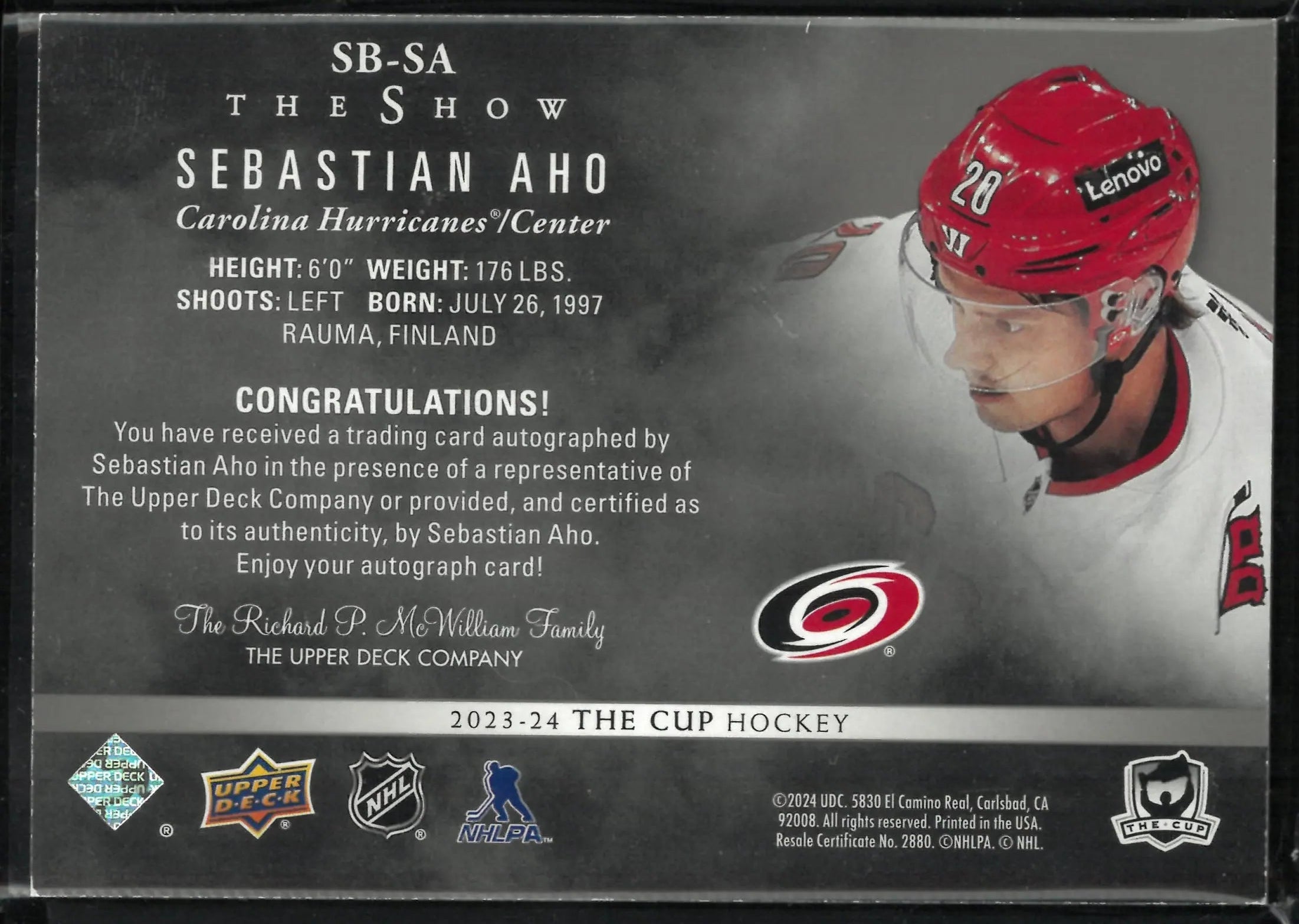 2023-24 Upper Deck The Cup The Show Sebastian Aho Autograph 