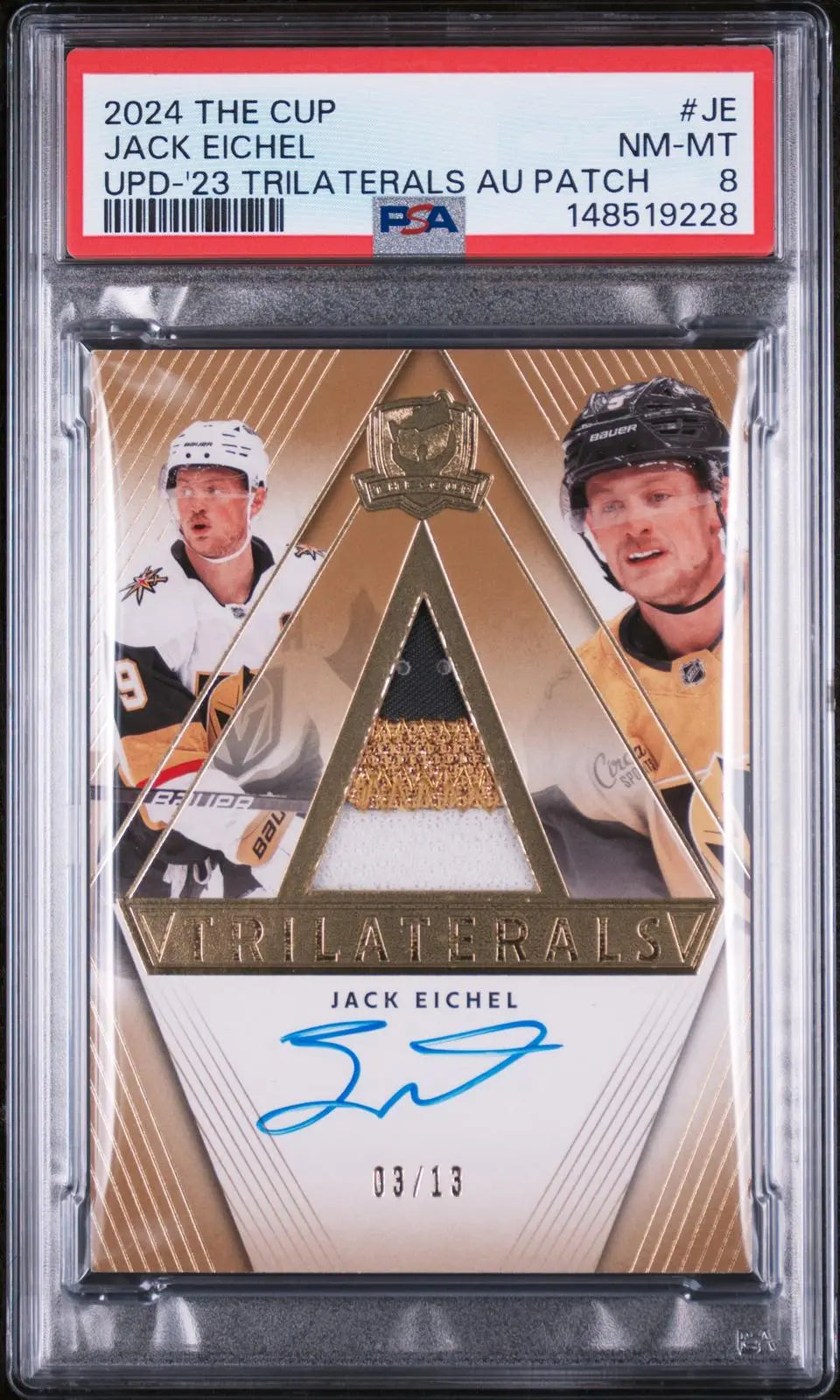 2023-24 Upper Deck The Cup Trilaterals Autograph Patch Jack Eichel /13 PSA 8 