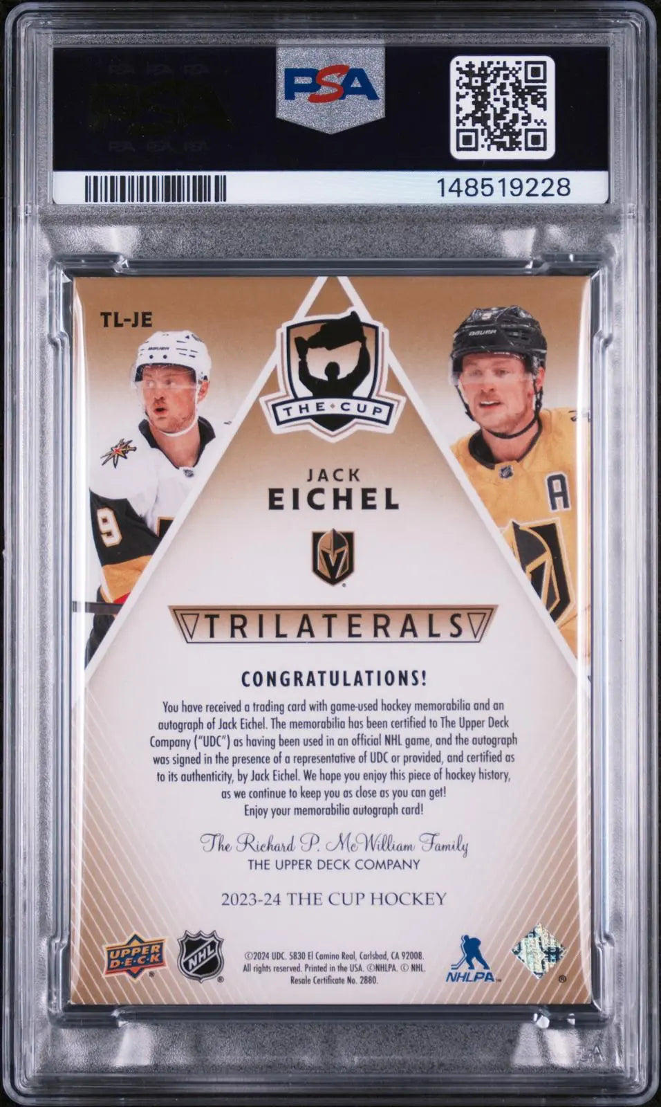 2023-24 Upper Deck The Cup Trilaterals Autograph Patch Jack Eichel /13 PSA 8 