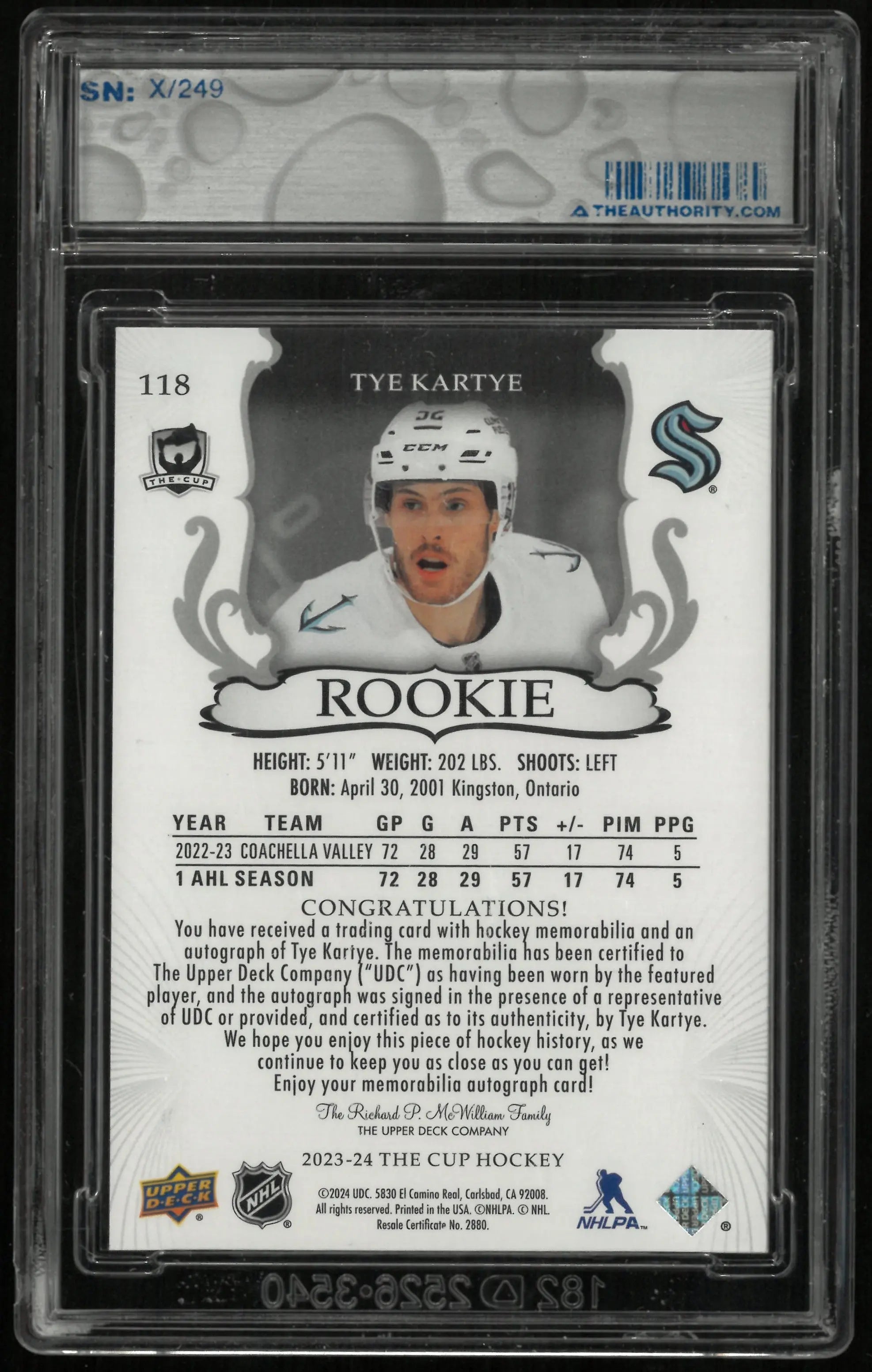 2023-24 Upper Deck The Cup Tye Kartye RC Rookie Patch Auto /249 