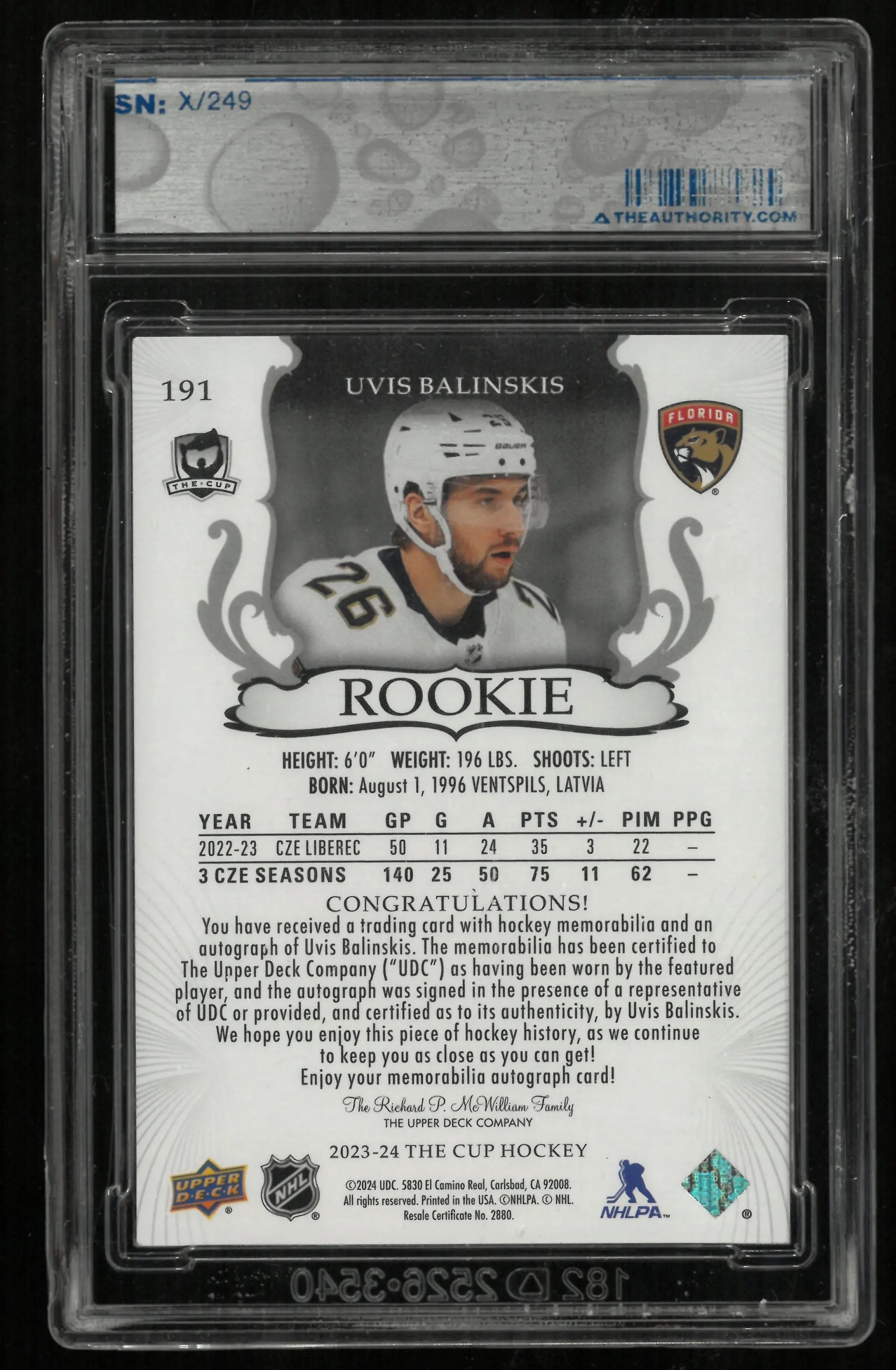 2023-24 Upper Deck The Cup Uvis Balinskis RC Rookie Patch Auto /249 