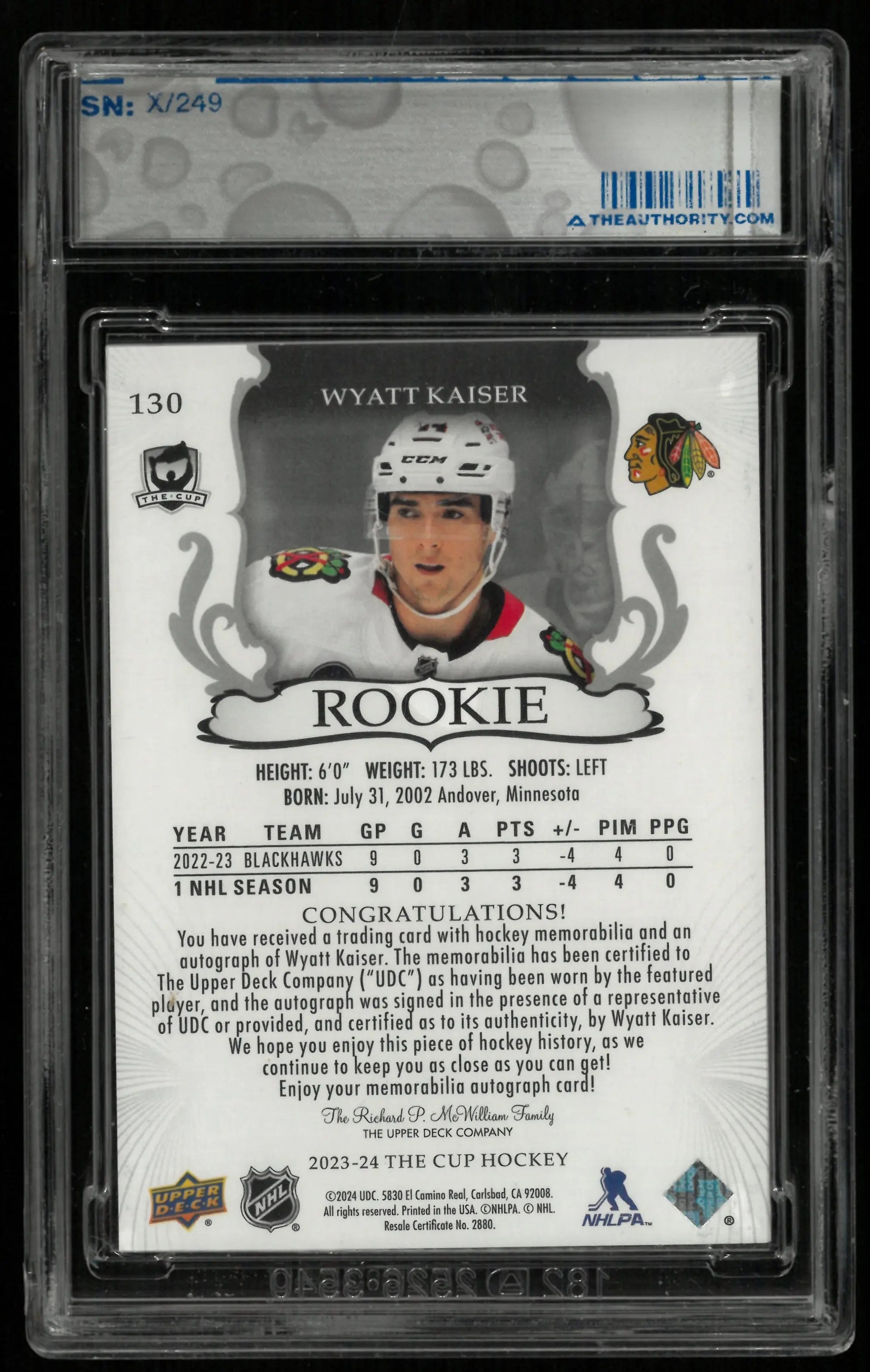 2023-24 Upper Deck The Cup Wyatt Kaiser RC Rookie Patch Auto /249 