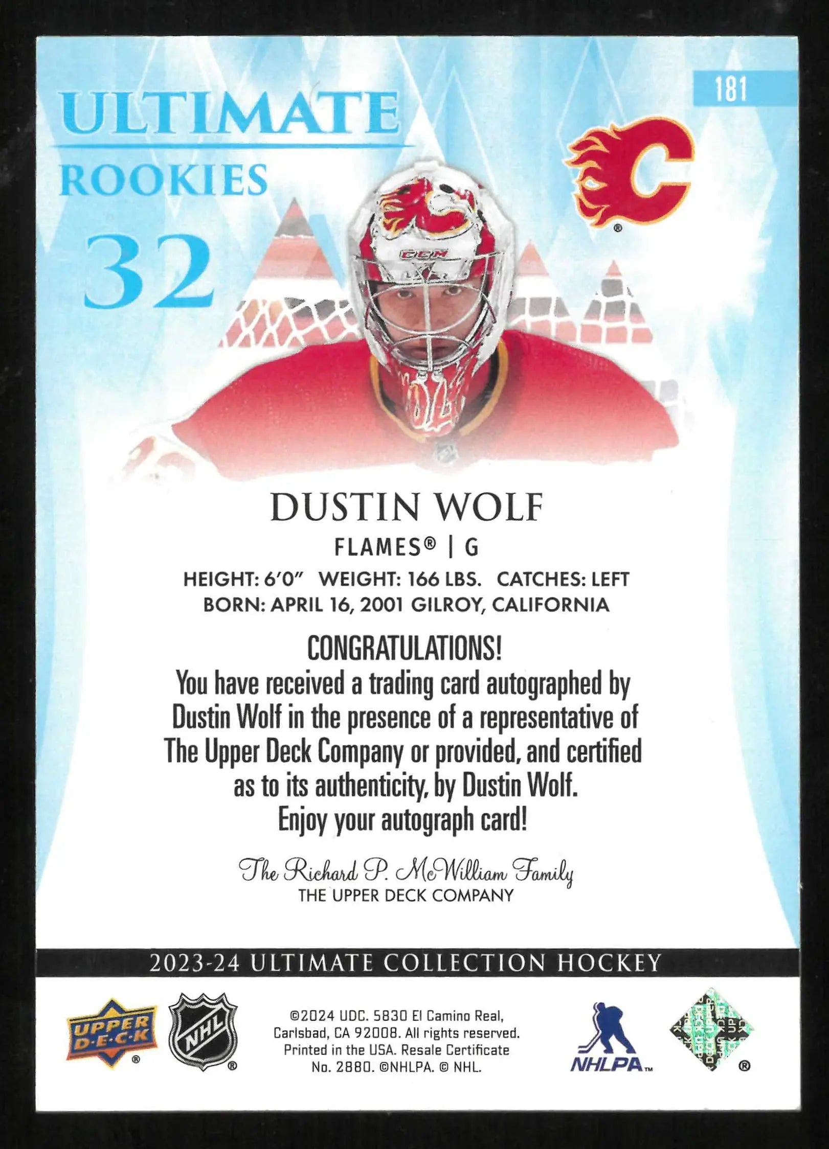 2023-24 Upper Deck UC Ultimate Rookies Autograph Dustin Wolf Auto RC /299 