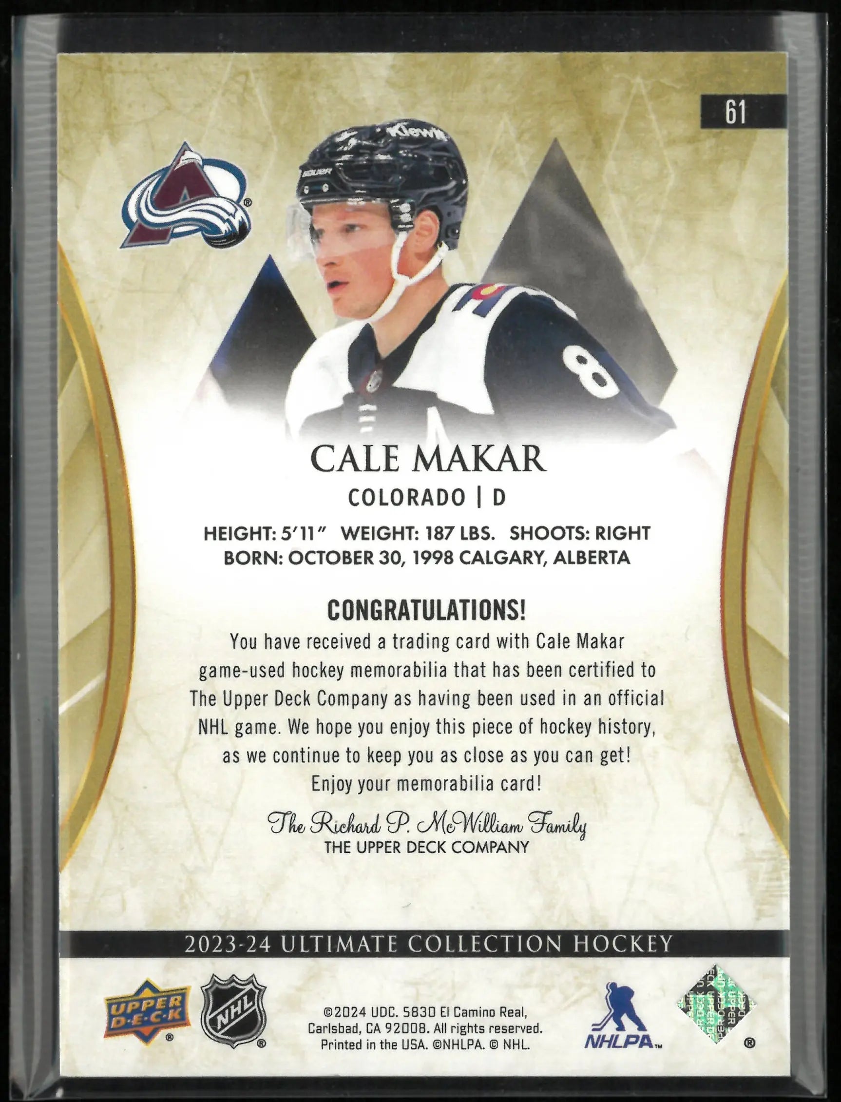 2023-24 Upper Deck Ultimate Collection Cale Makar Jumbo Patch /149 