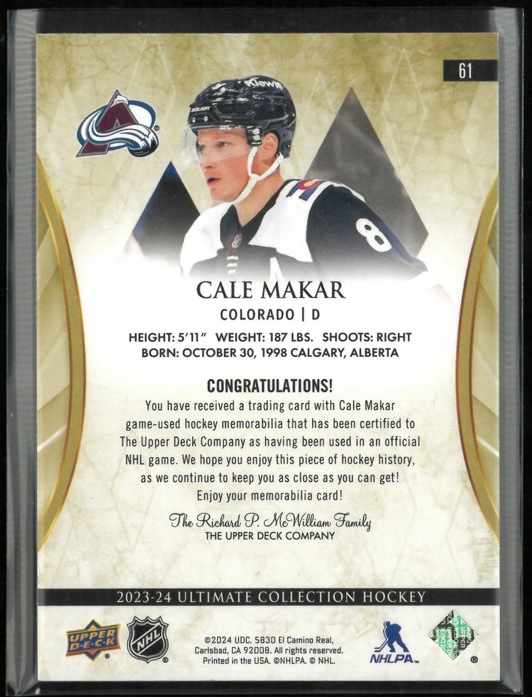 2023-24 Upper Deck Ultimate Collection Cale Makar Jumbo Patch /149 