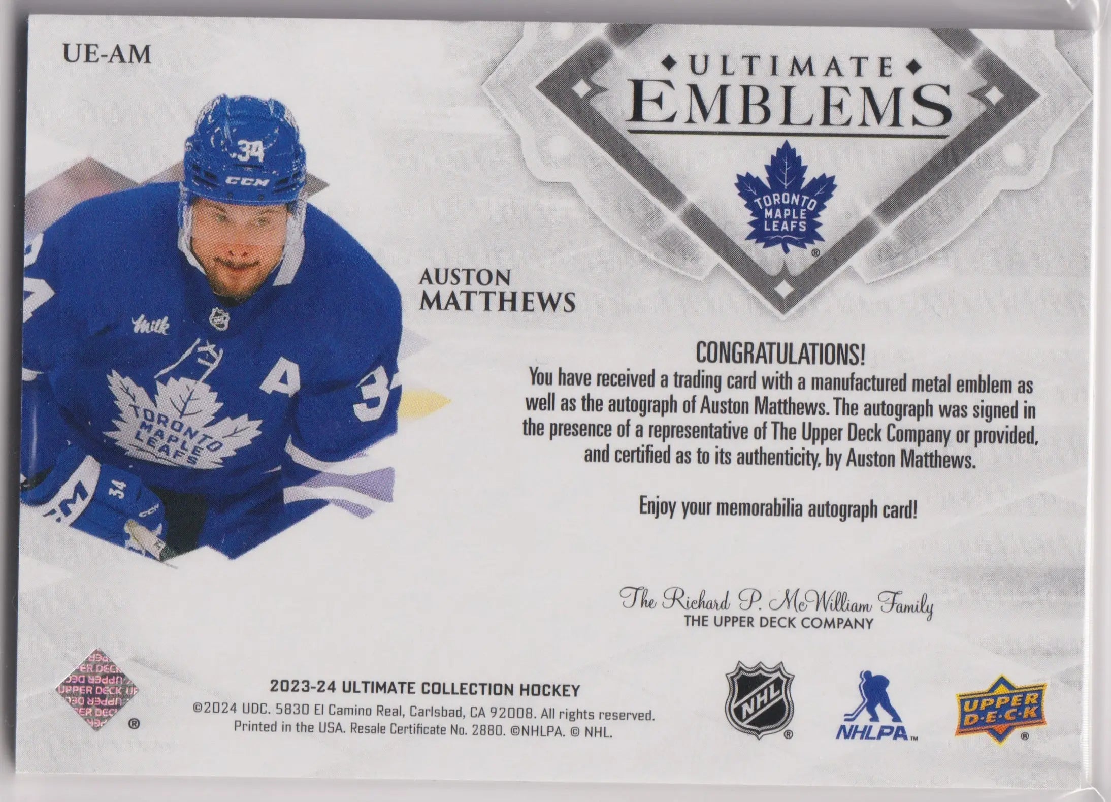 2023-24 Upper Deck Ultimate Emblems Autograph Auston Matthews Auto /25 