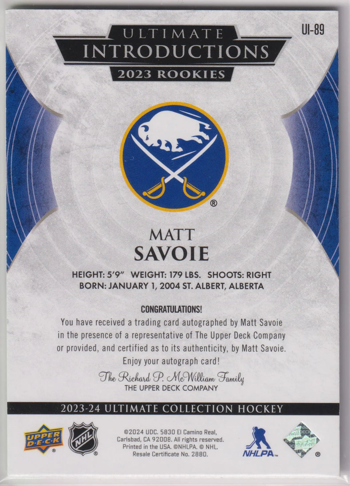 2023-24 Upper Deck Ultimate Introductions Autograph Rookie Matt Savoie Auto /25 