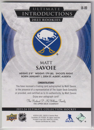 2023-24 Upper Deck Ultimate Introductions Autograph Rookie Matt Savoie Auto /25 