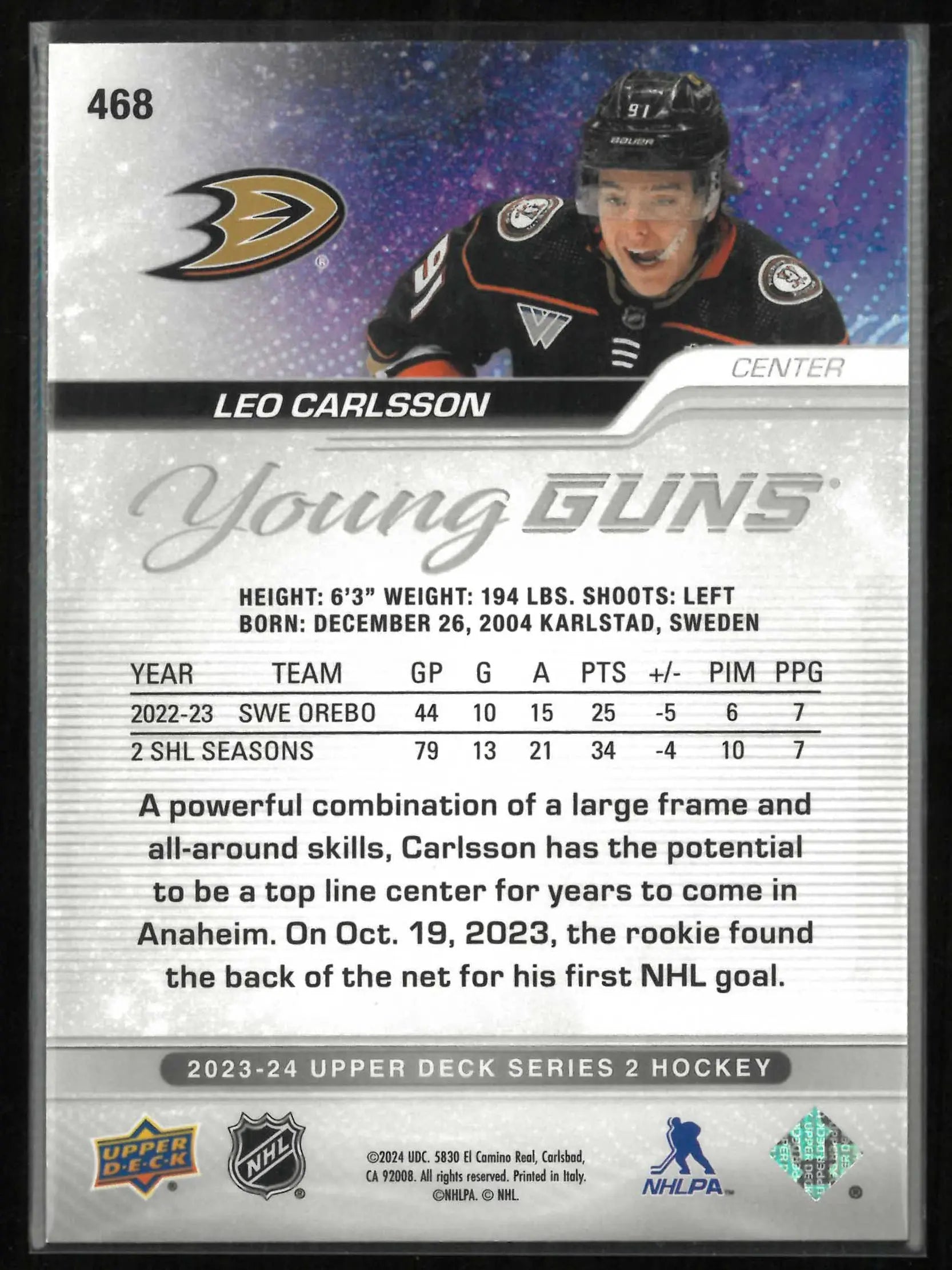 2023-24 Upper Deck #468 Leo Carlsson Young Guns Rookie 
