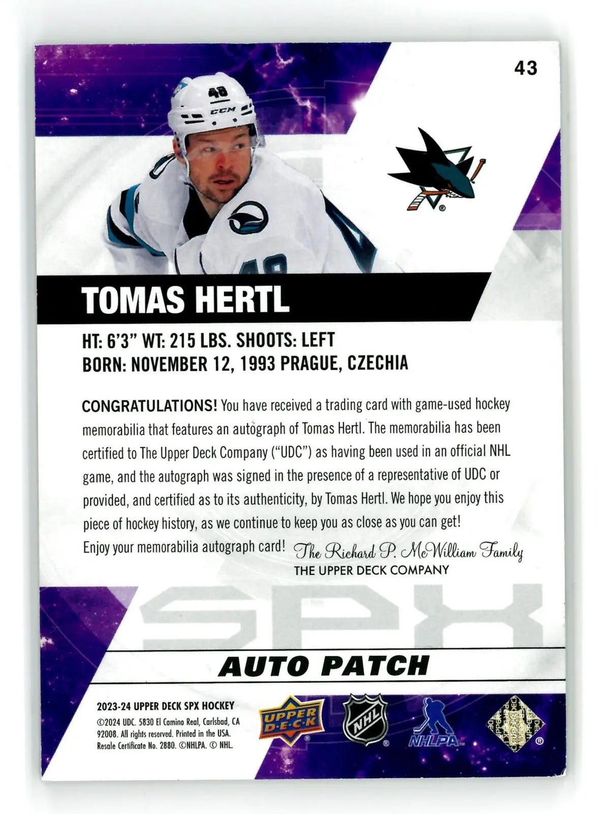 2023-24 Upper deck SPx Hockey Auto Patch Tomas Hertl Autograph 49/49 