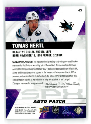 2023-24 Upper deck SPx Hockey Auto Patch Tomas Hertl Autograph 49/49 