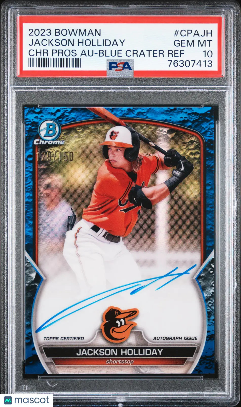 2023 Bowman Chrome Prospect Auto RC Jackson Holliday Blue Crater Ref /150 PSA 10 
