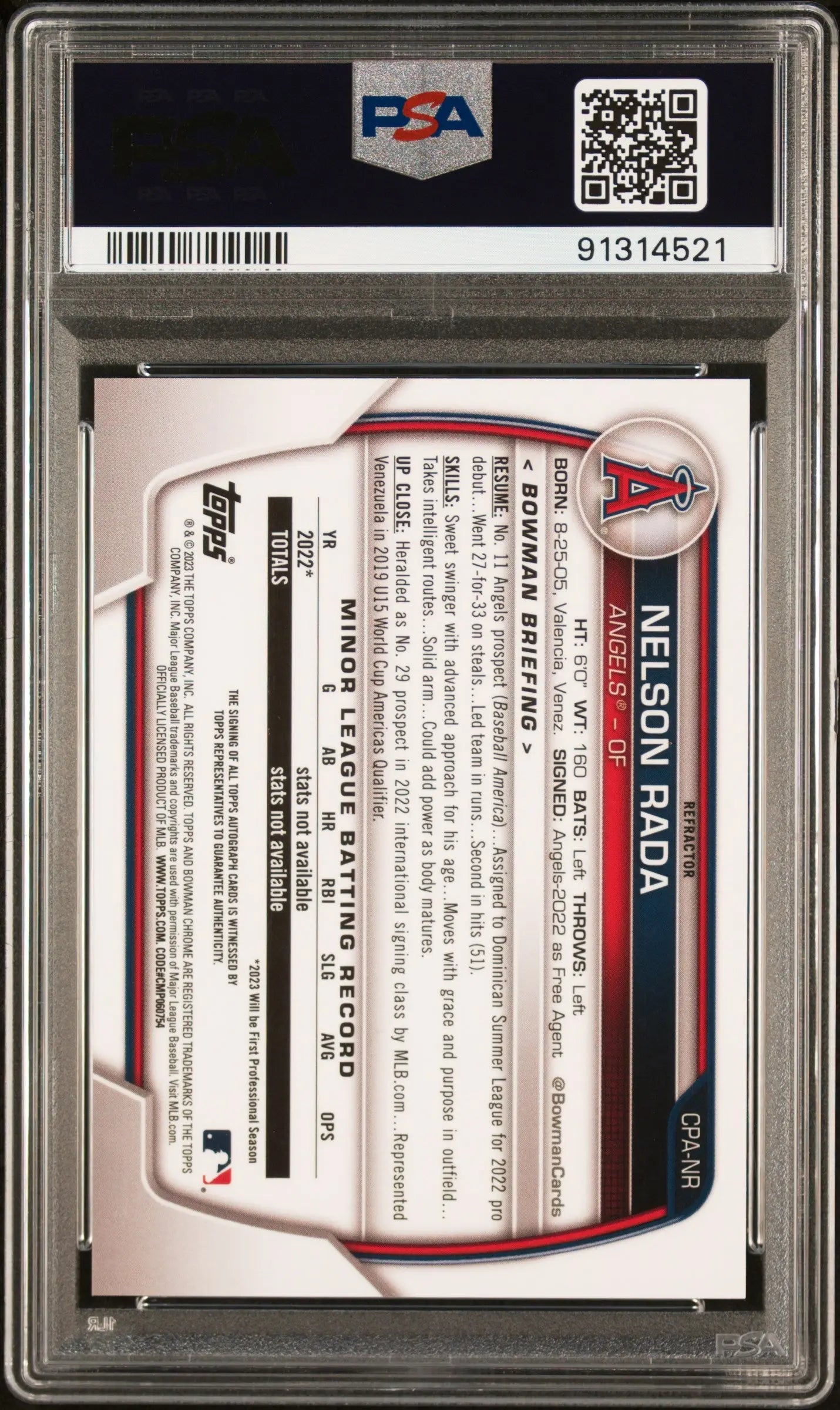 2023 Bowman Chrome Prospect Autographs Nelson Rada #CPANR Refractor /499 PSA 10 