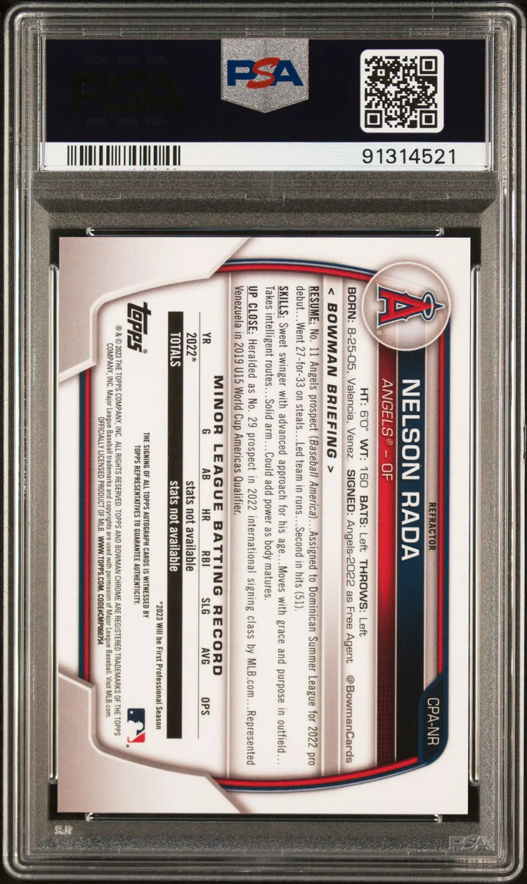 2023 Bowman Chrome Prospect Autographs Nelson Rada #CPANR Refractor /499 PSA 10 
