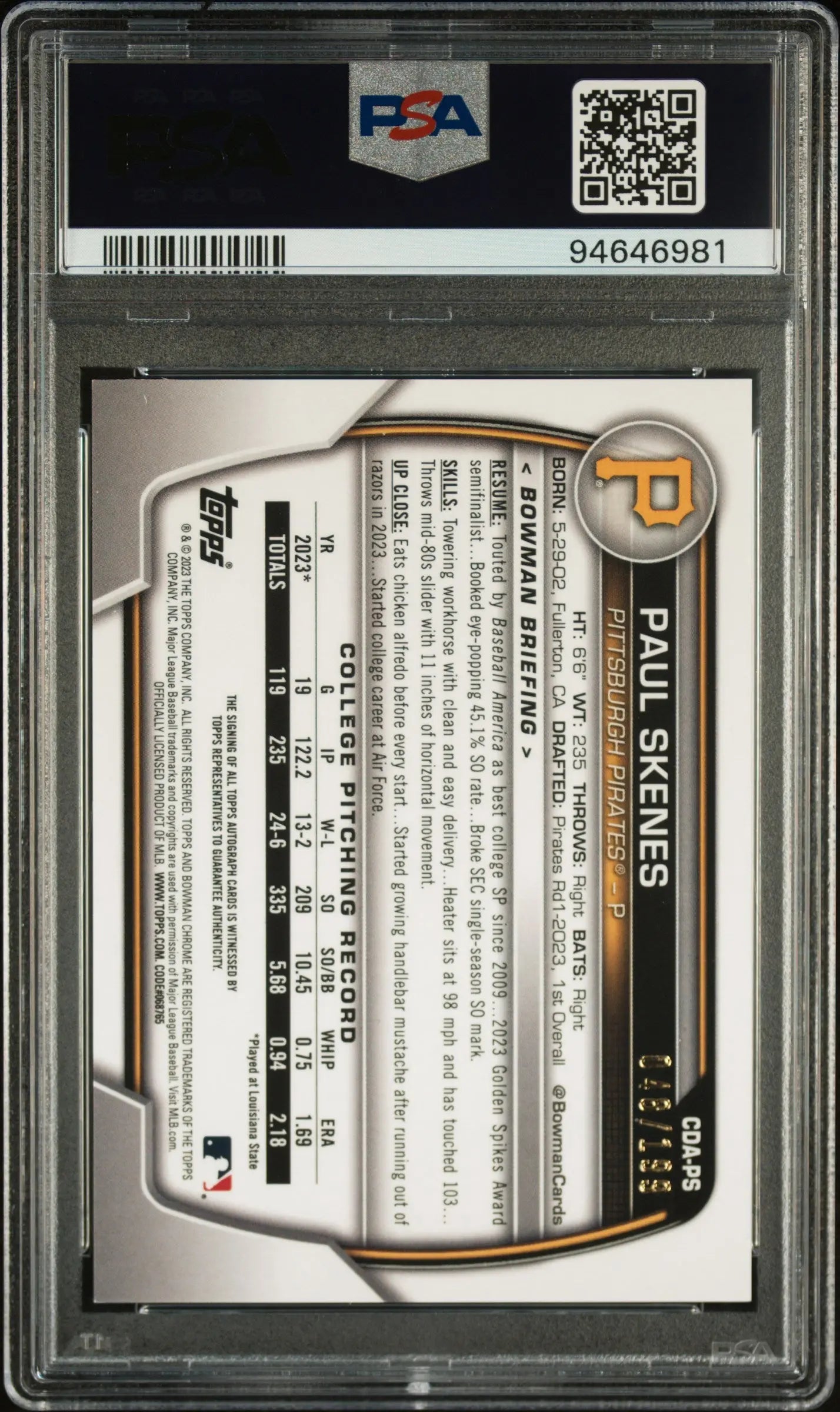 2023 Bowman Chrome Sapphire Edition Prospect Auto Paul Skenes RC PSA 10 /199 