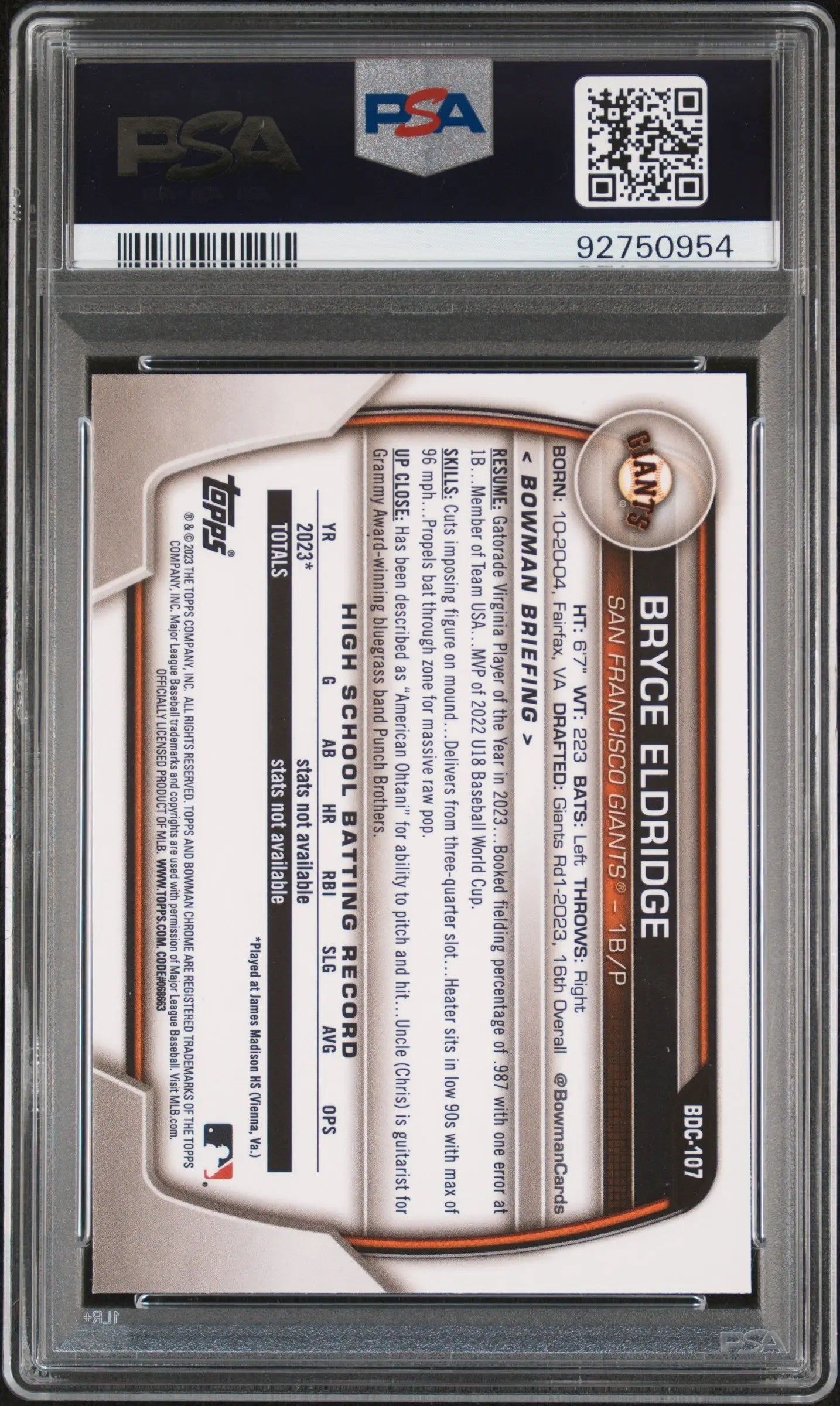 2023 Bowman Draft Sapphire Edition Bryce Eldridge #BDC107 PSA 10 
