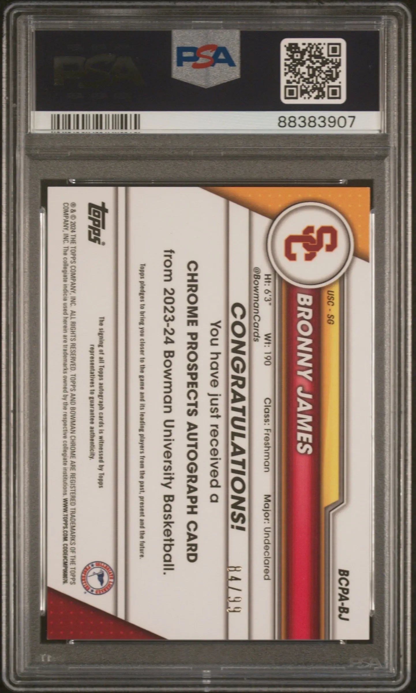 2023 Bowman University Chrome Pros. Auto Bronny James Green Refractor PSA 9 /99 