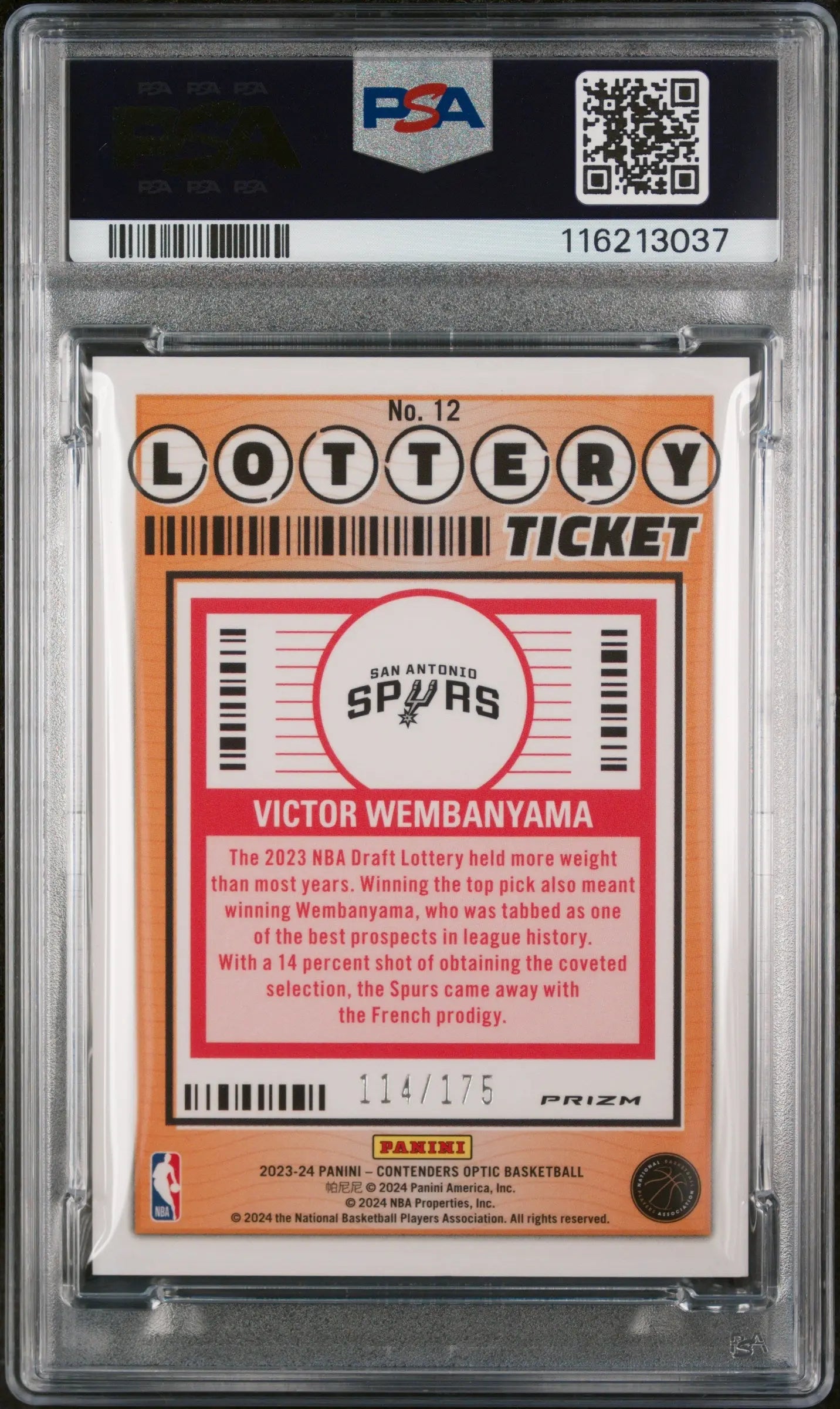 2023 Contenders Optic Lottery Victor Wembanyama RC Red Cracked Ice PSA 10 /175 