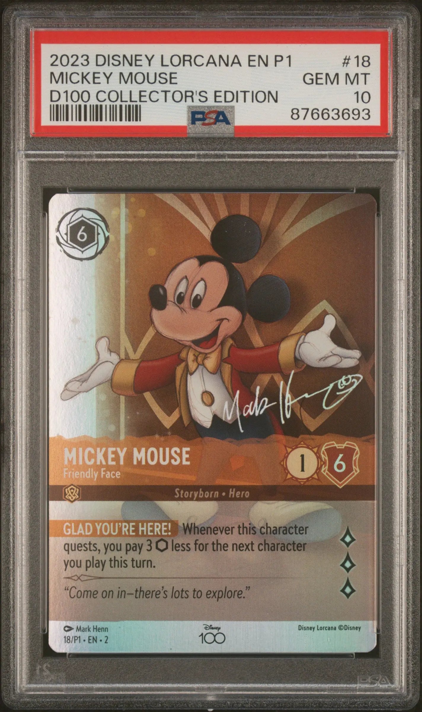 2023 Disney Lorcana EN P1-Promo Mickey Mouse D100 Collector's Edition PSA 10 