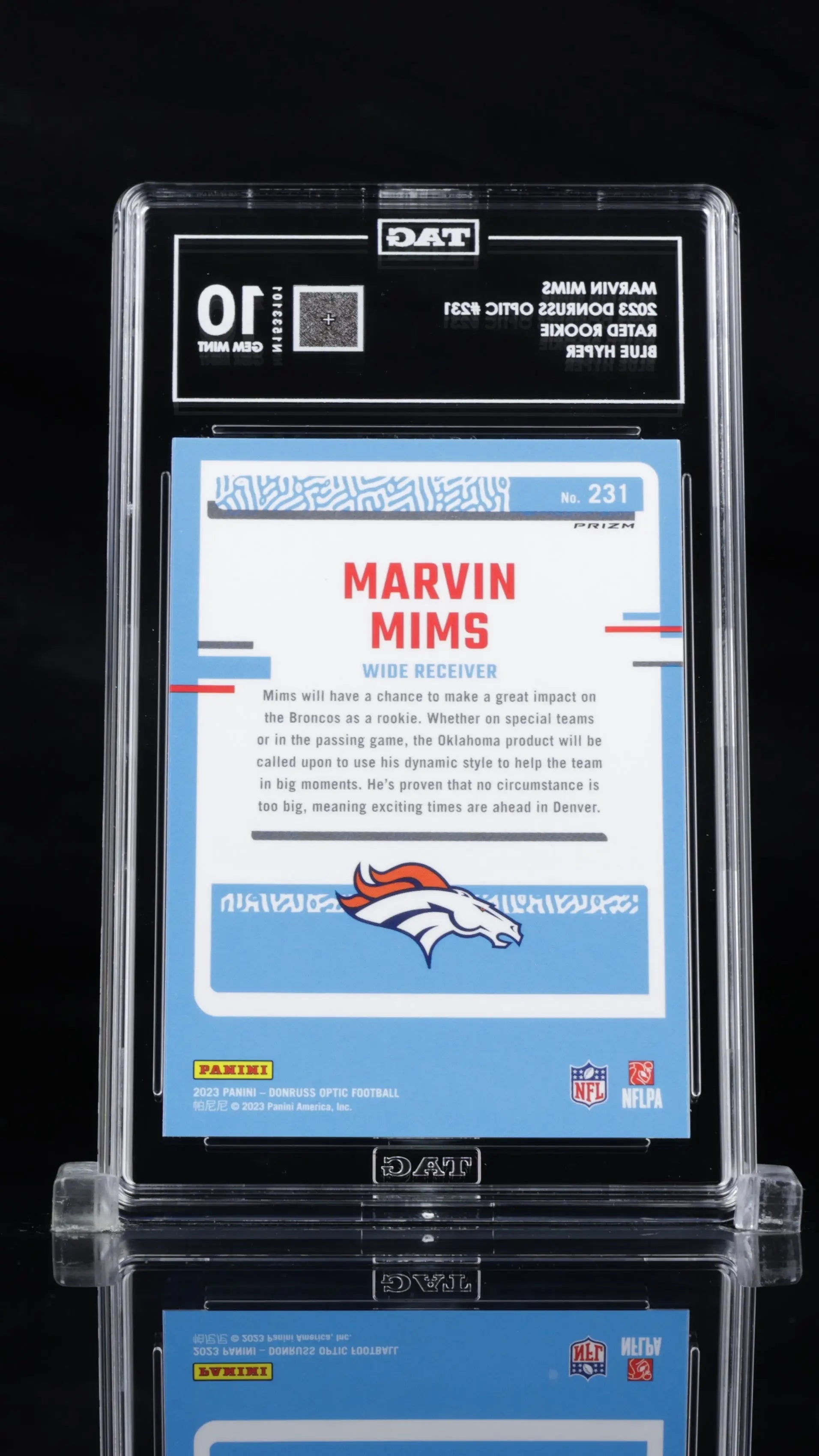 2023 Donruss Optic Marvin Mims RC Rated Rookie Blue Hyper TAG 10 