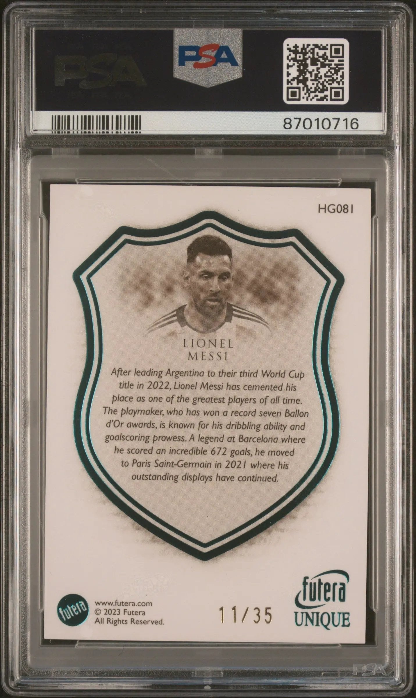 2023 Futera Unique World Football Heritage Lionel Messi Turquoise PSA 9 /35 