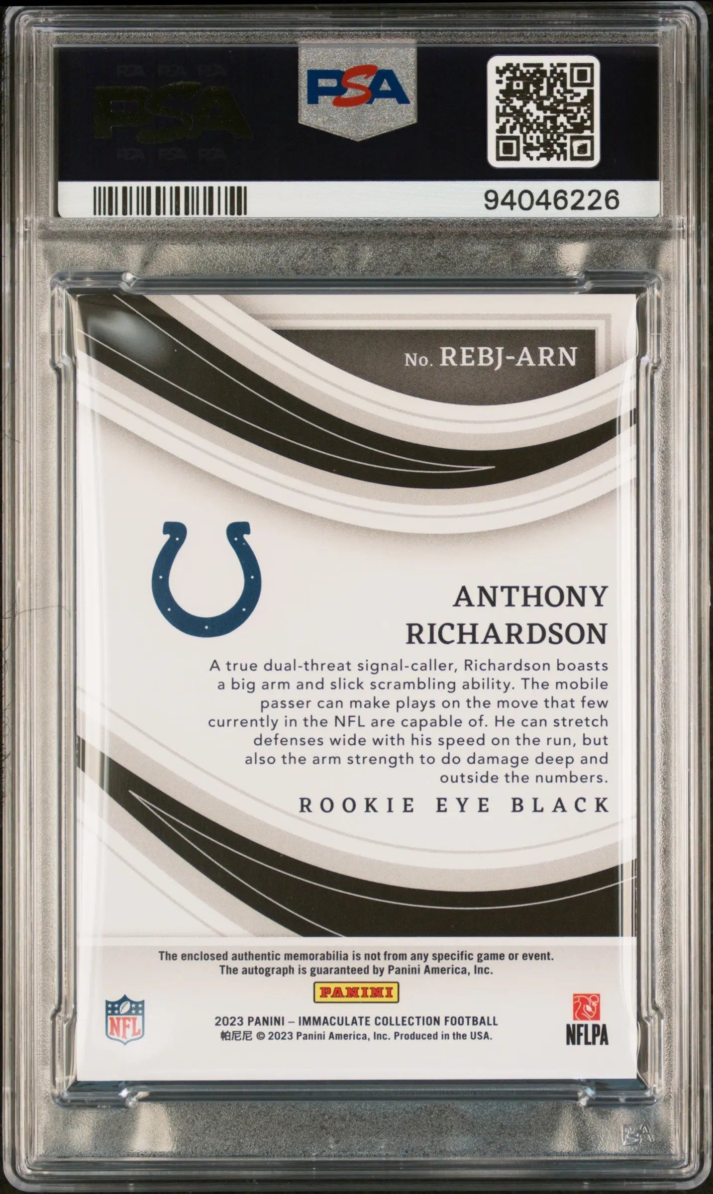 2023 Immaculate Col. PSA 9 Anthony Richardson RC Eye Black Jersey Auto 09/99 