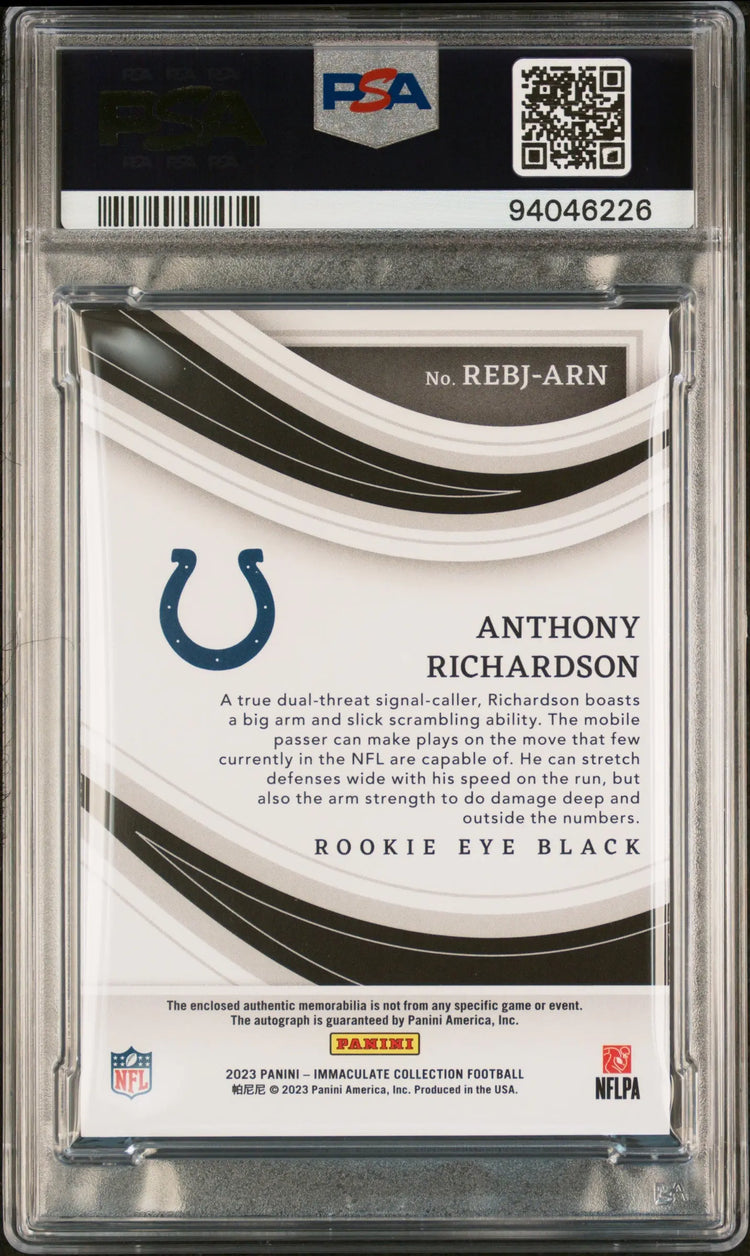 2023 Immaculate Col. PSA 9 Anthony Richardson RC Eye Black Jersey Auto 09/99 
