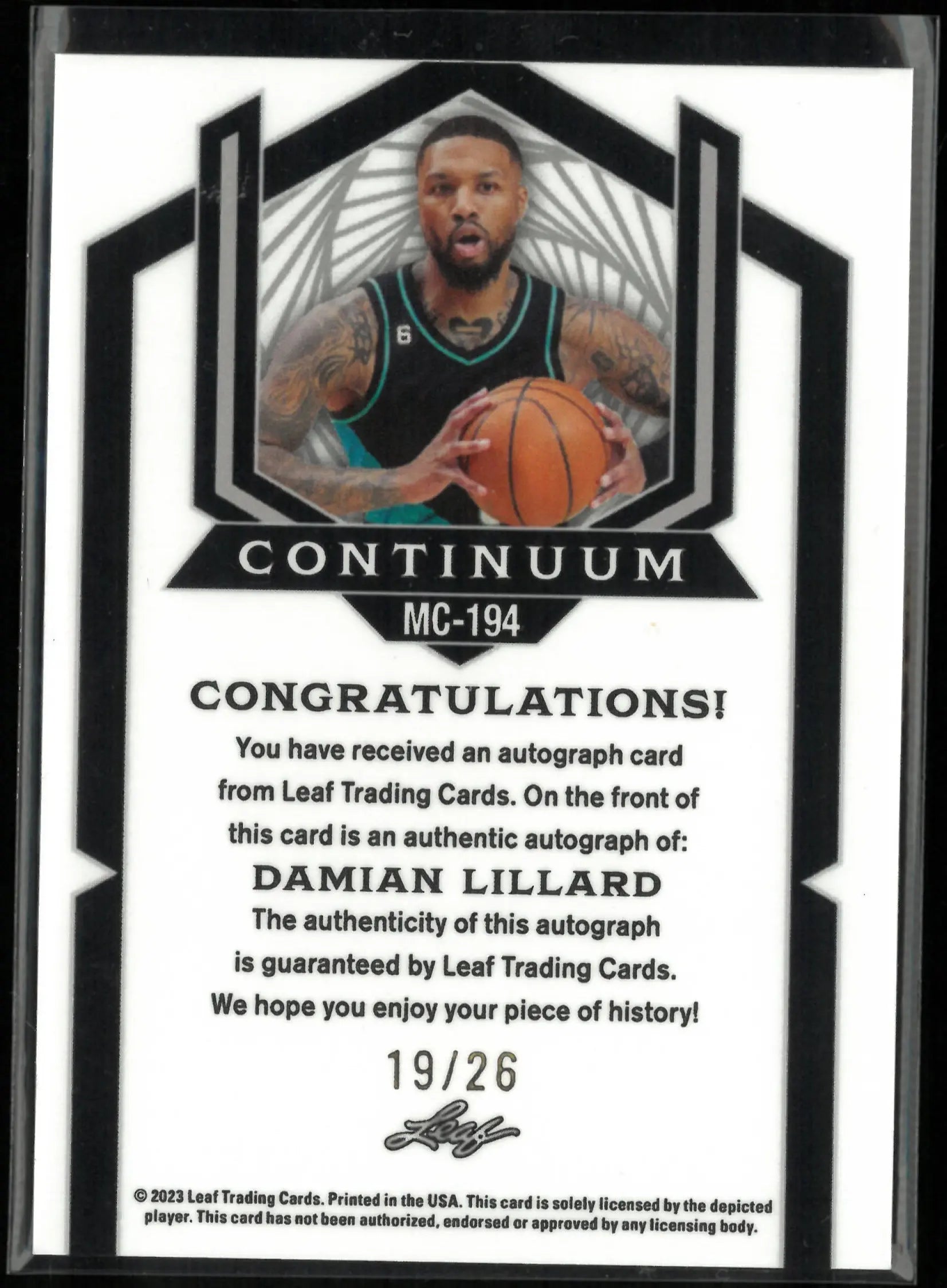 2023 Leaf Continuum Autograph Damian Lillard Auto /26 