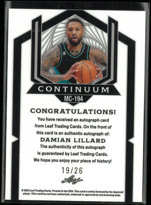 2023 Leaf Continuum Autograph Damian Lillard Auto /26 