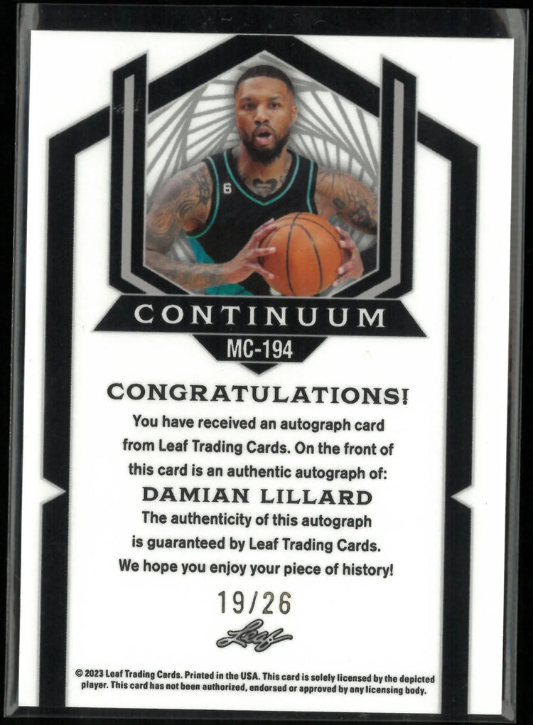 2023 Leaf Continuum Autograph Damian Lillard Auto /26 