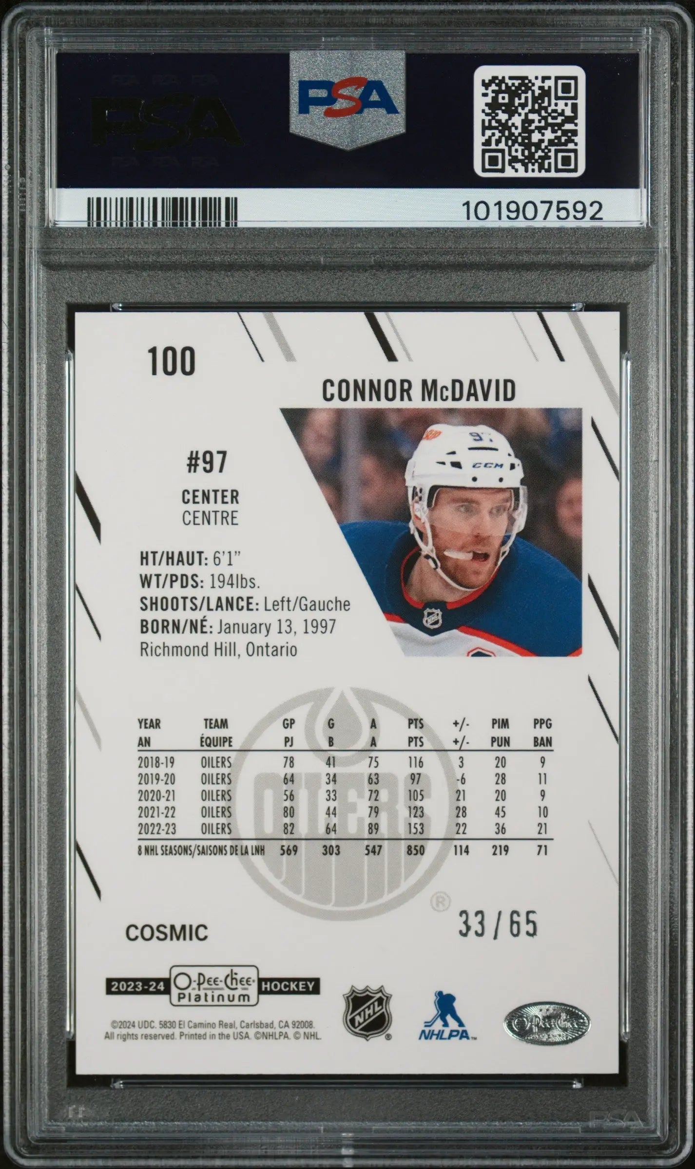 2023 O-Pee-Chee Platinum Connor McDavid #100 Cosmic PSA 10 /65 