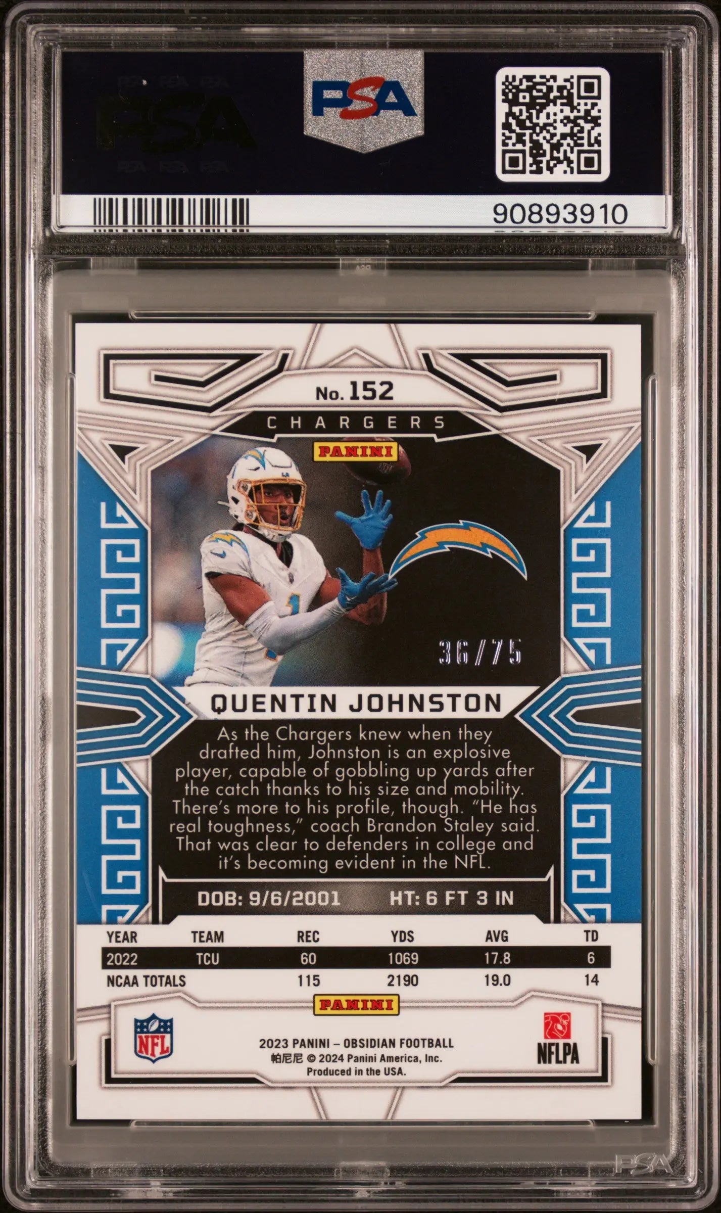 2023 Obsidian Football Quentin Johnston RC Rookie Electric Etch Purple PSA 9 /75 