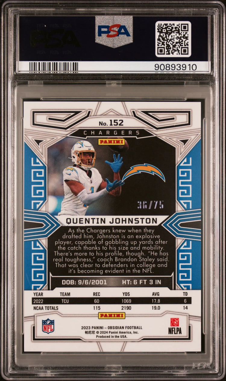 2023 Obsidian Football Quentin Johnston RC Rookie Electric Etch Purple PSA 9 /75 